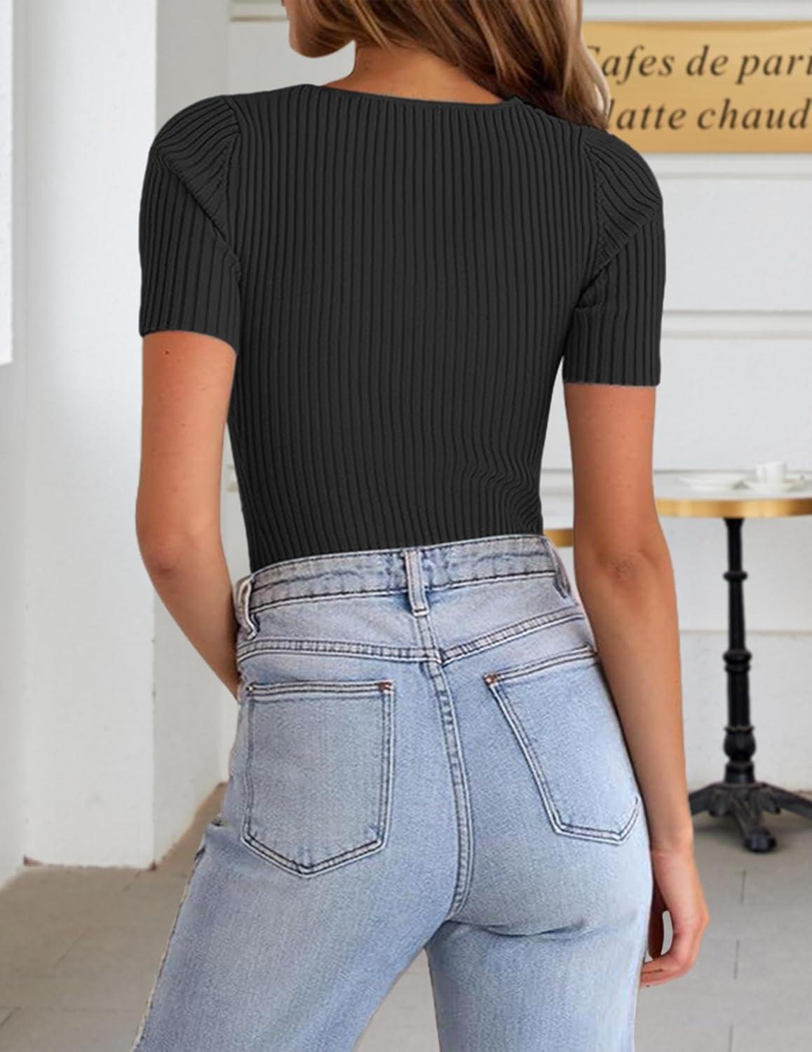 imageZeagoo Womens Short Sleeve T Shirts 2026 Summer Casual Knit Slim Fit Trendy Basic Cute Sweater TopsBlack