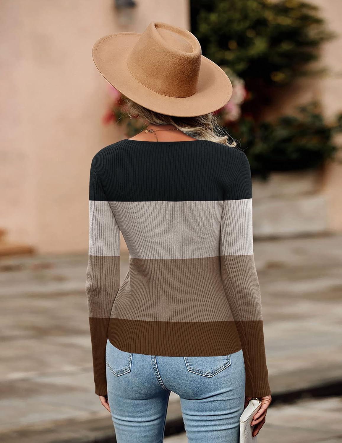 imageZeagoo Womens Short Sleeve T Shirts 2026 Summer Casual Knit Slim Fit Trendy Basic Cute Sweater TopsBlack Apricot Brown Stripe