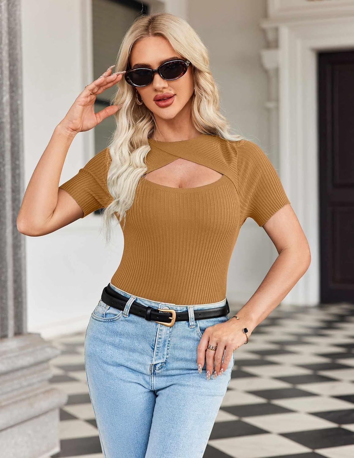 imageZeagoo Womens Short Sleeve T Shirts 2026 Summer Casual Knit Slim Fit Trendy Basic Cute Sweater TopsCamel