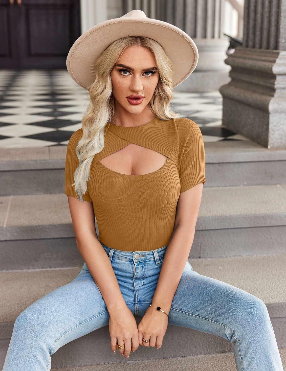 imageZeagoo Womens Short Sleeve T Shirts 2026 Summer Casual Knit Slim Fit Trendy Basic Cute Sweater TopsCamel