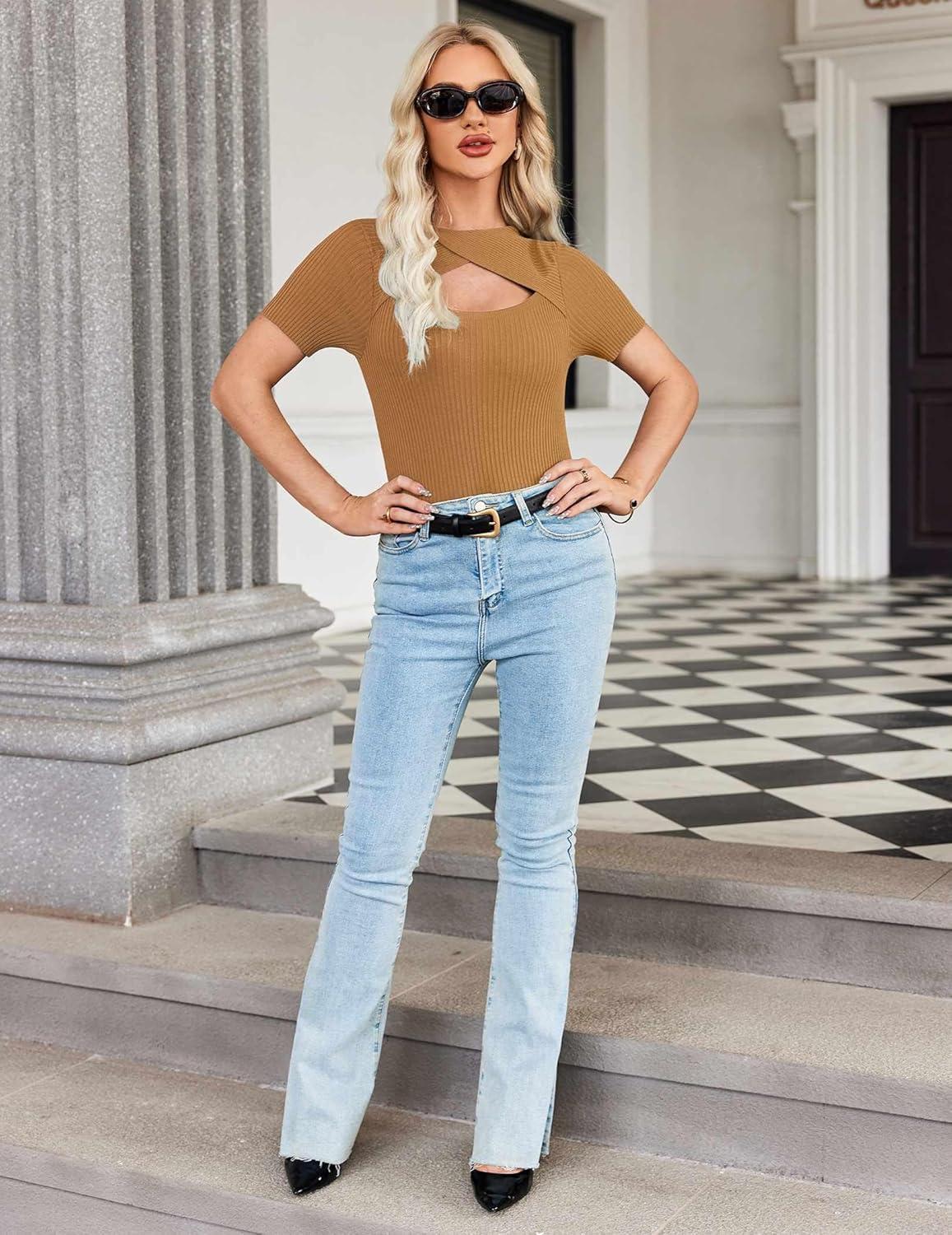 imageZeagoo Womens Short Sleeve T Shirts 2026 Summer Casual Knit Slim Fit Trendy Basic Cute Sweater TopsCamel