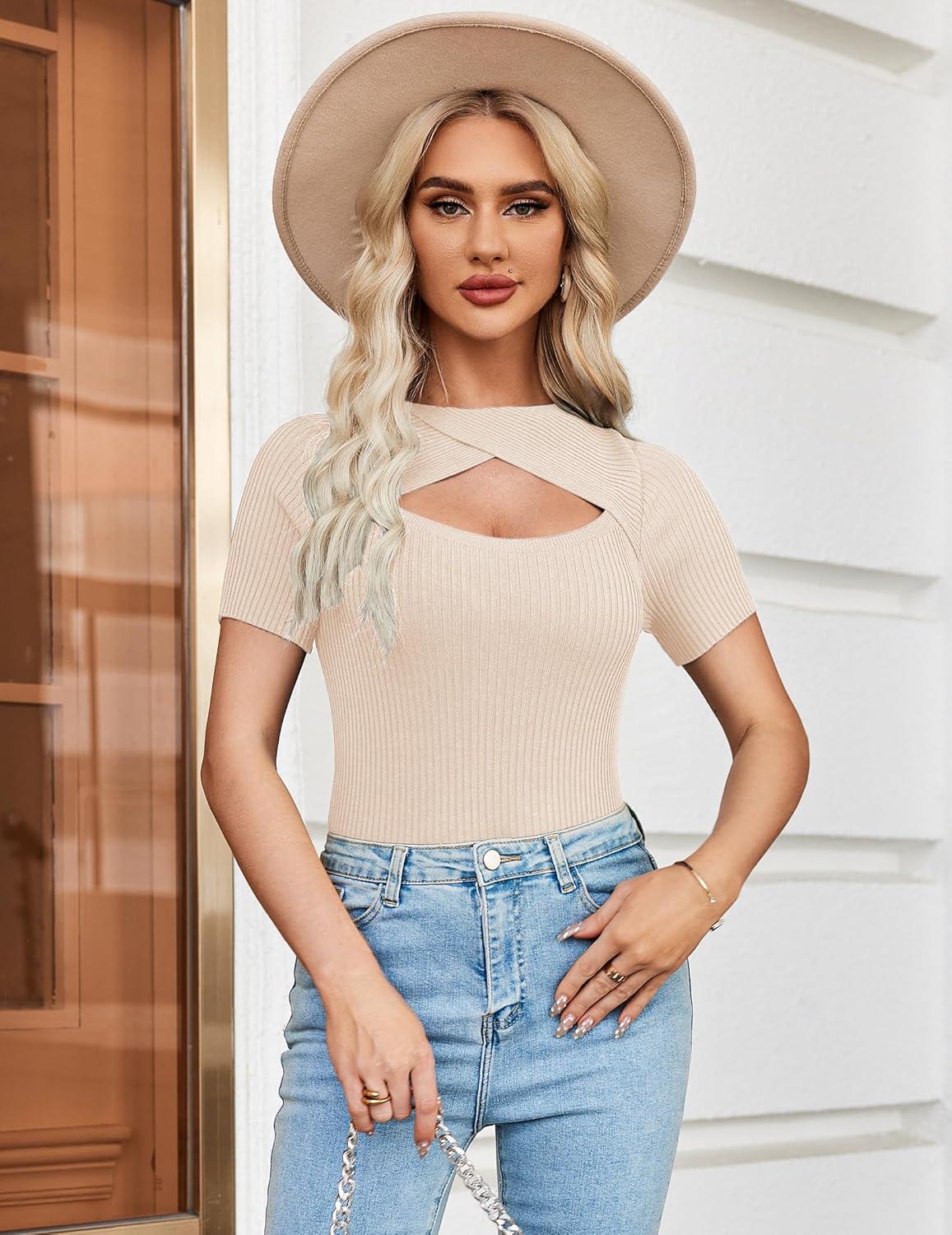 imageZeagoo Womens Short Sleeve T Shirts 2026 Summer Casual Knit Slim Fit Trendy Basic Cute Sweater TopsCoffee