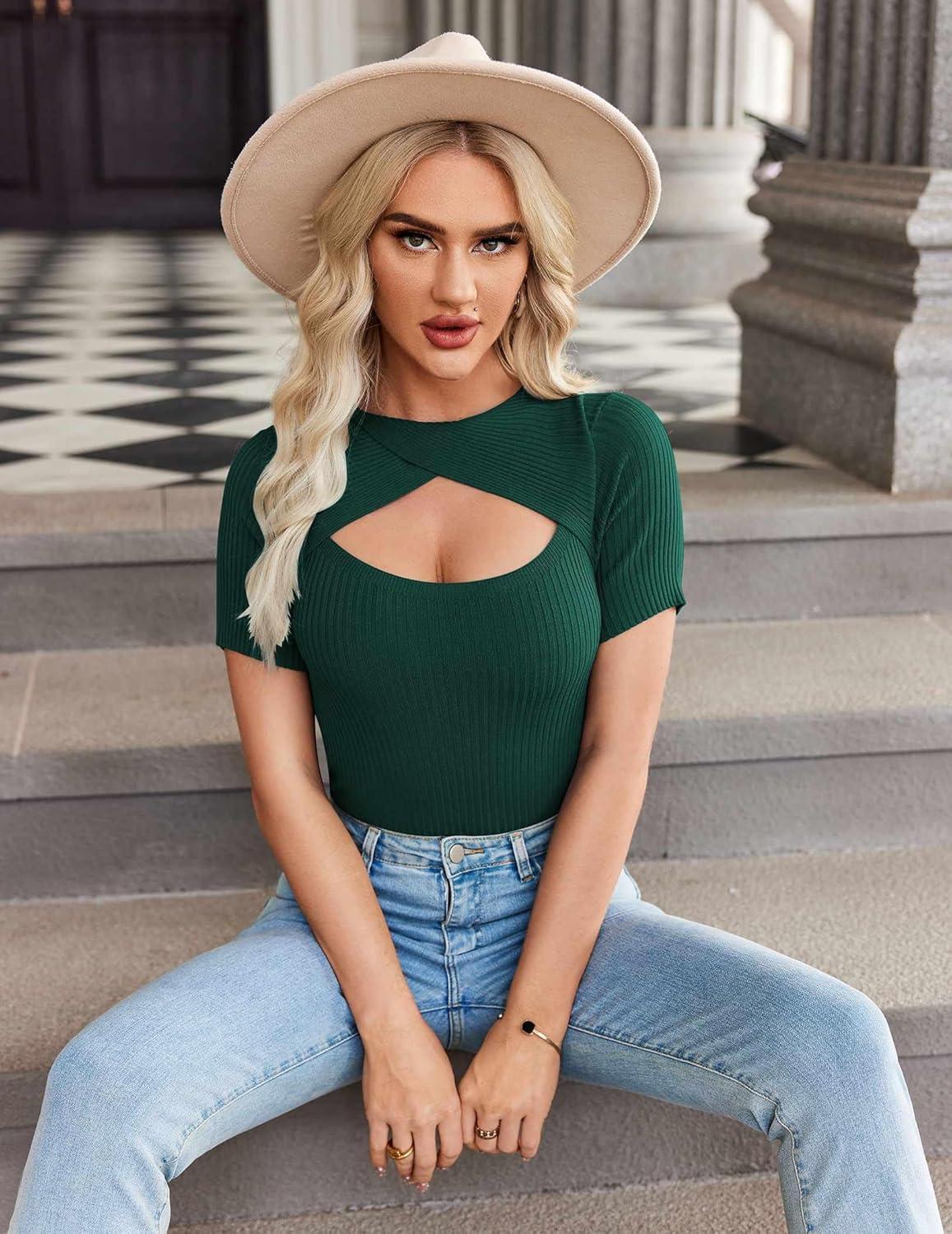 imageZeagoo Womens Short Sleeve T Shirts 2026 Summer Casual Knit Slim Fit Trendy Basic Cute Sweater TopsDark Green