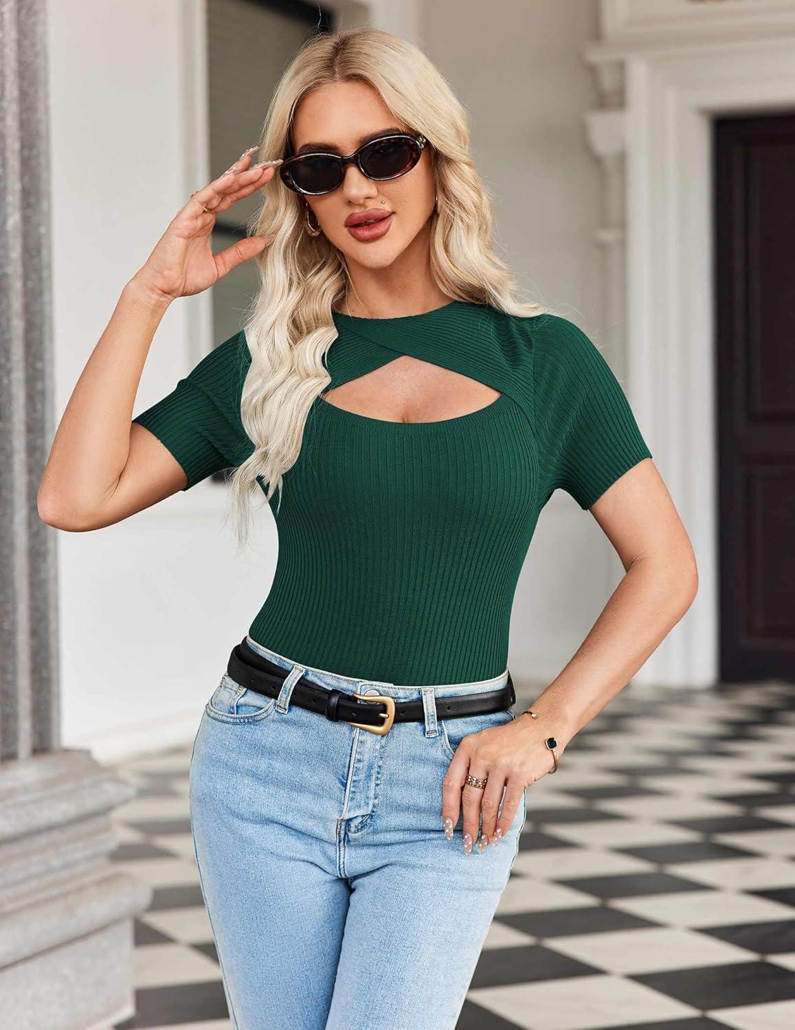 imageZeagoo Womens Short Sleeve T Shirts 2026 Summer Casual Knit Slim Fit Trendy Basic Cute Sweater TopsDark Green