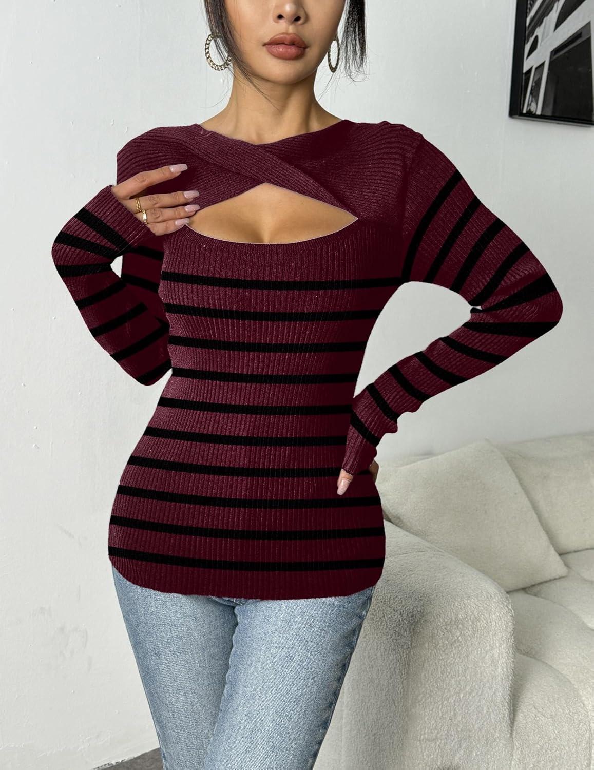 imageZeagoo Womens Short Sleeve T Shirts 2026 Summer Casual Knit Slim Fit Trendy Basic Cute Sweater TopsRed Black Stripe