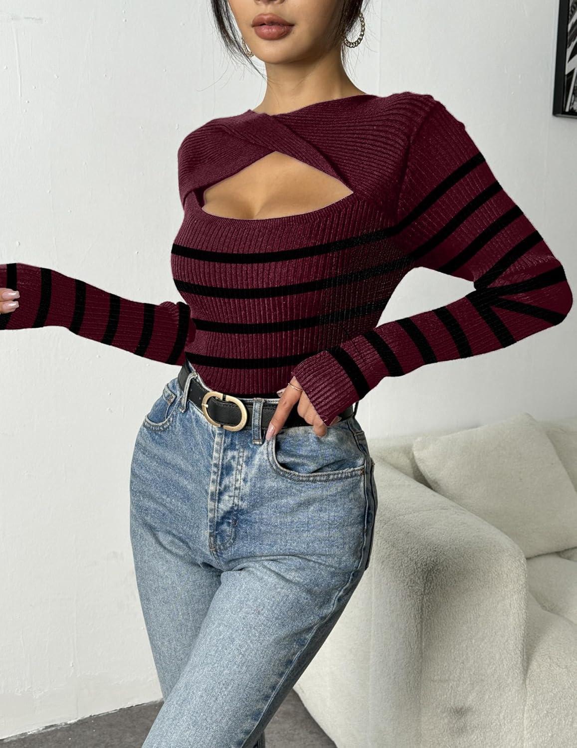 imageZeagoo Womens Short Sleeve T Shirts 2026 Summer Casual Knit Slim Fit Trendy Basic Cute Sweater TopsRed Black Stripe