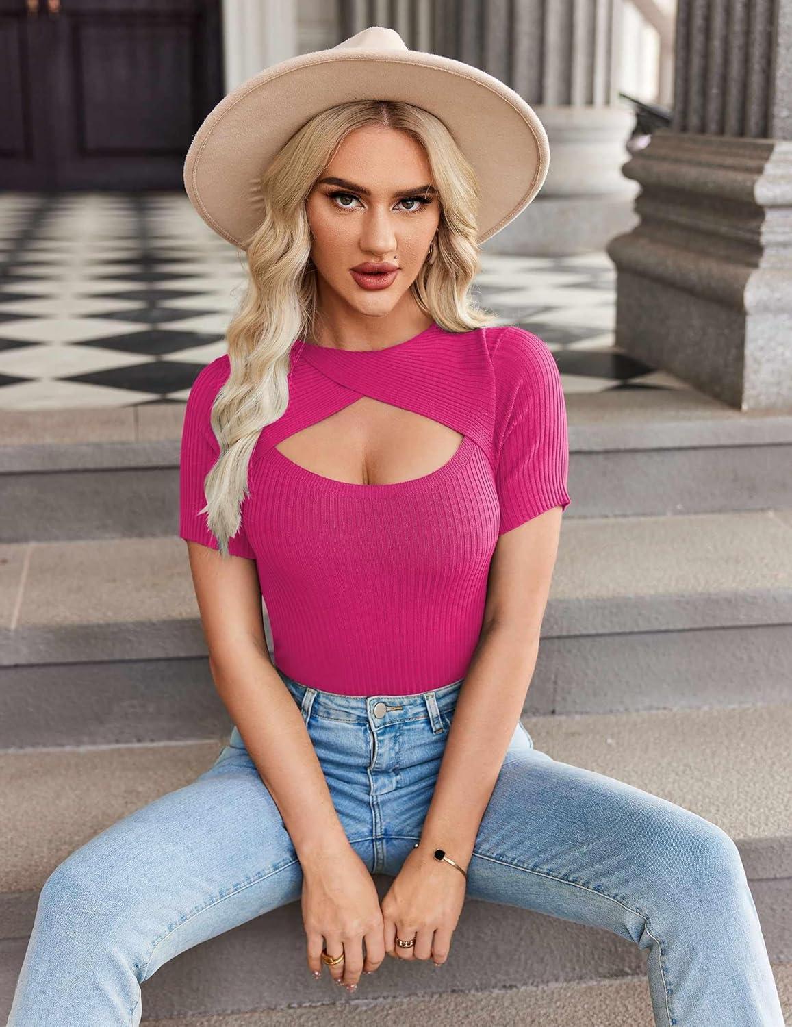 imageZeagoo Womens Short Sleeve T Shirts 2026 Summer Casual Knit Slim Fit Trendy Basic Cute Sweater TopsRose