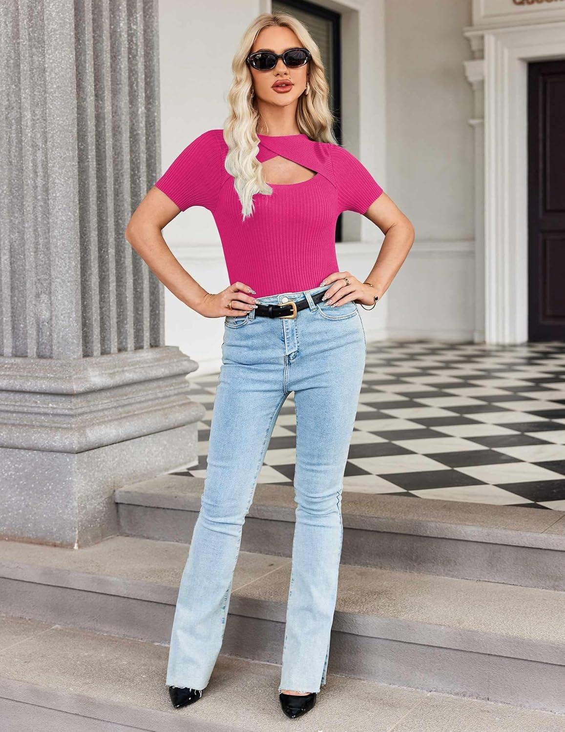 imageZeagoo Womens Short Sleeve T Shirts 2026 Summer Casual Knit Slim Fit Trendy Basic Cute Sweater TopsRose