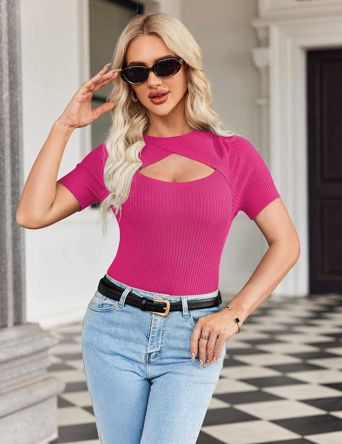 imageZeagoo Womens Short Sleeve T Shirts 2026 Summer Casual Knit Slim Fit Trendy Basic Cute Sweater TopsRose