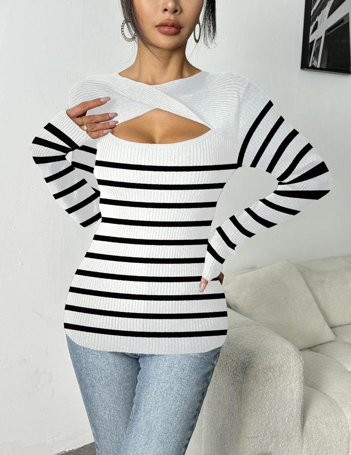 imageZeagoo Womens Short Sleeve T Shirts 2026 Summer Casual Knit Slim Fit Trendy Basic Cute Sweater TopsWhite Black Stripe
