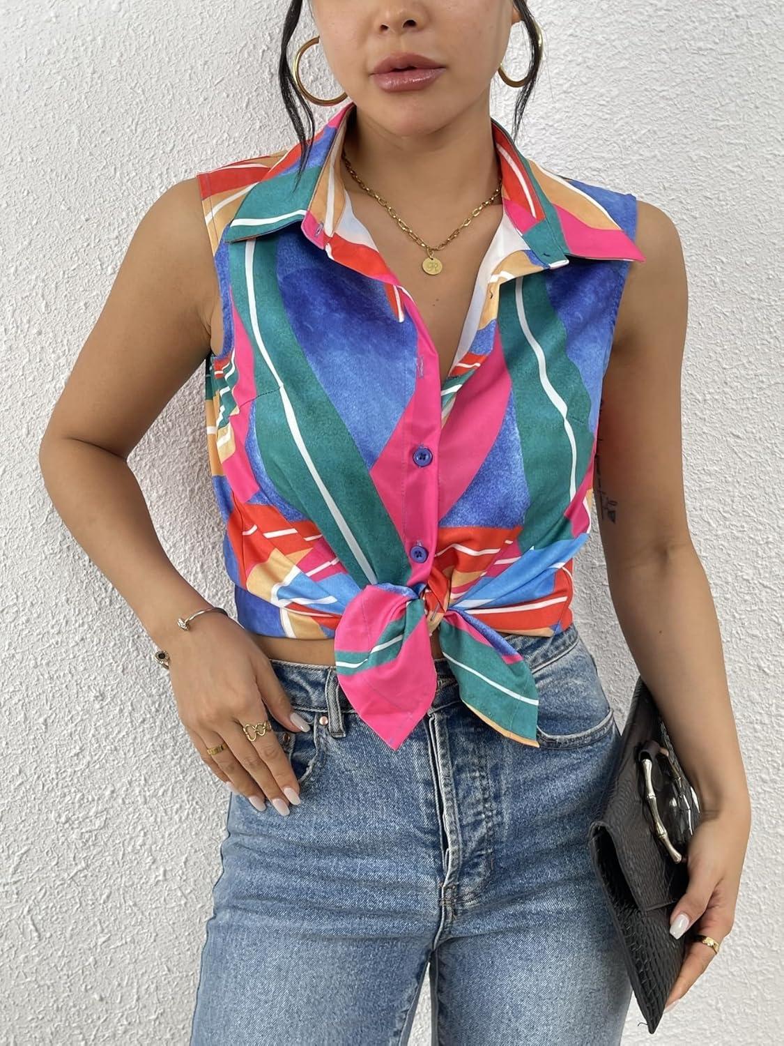 imageZeagoo Womens Sleeveless Button Down Shirts Blouses Casual Loose V Neck Tank Tops for Work SXXLA Multicolor