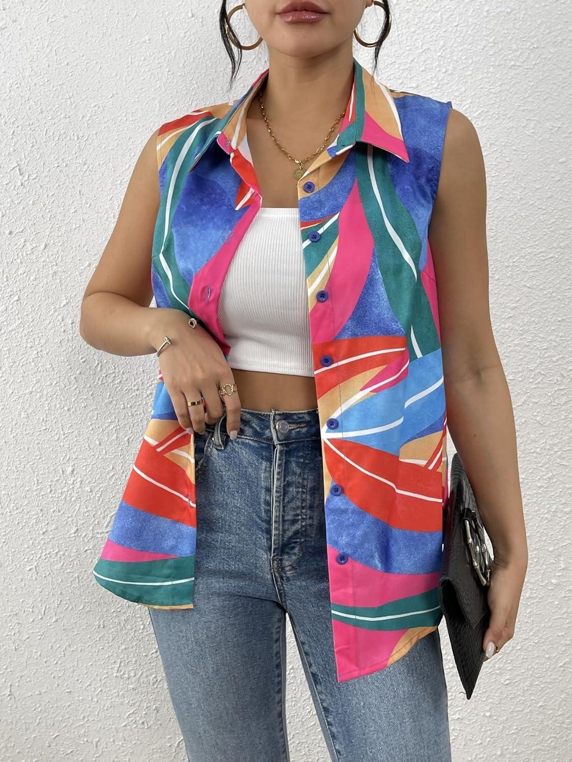imageZeagoo Womens Sleeveless Button Down Shirts Blouses Casual Loose V Neck Tank Tops for Work SXXLA Multicolor
