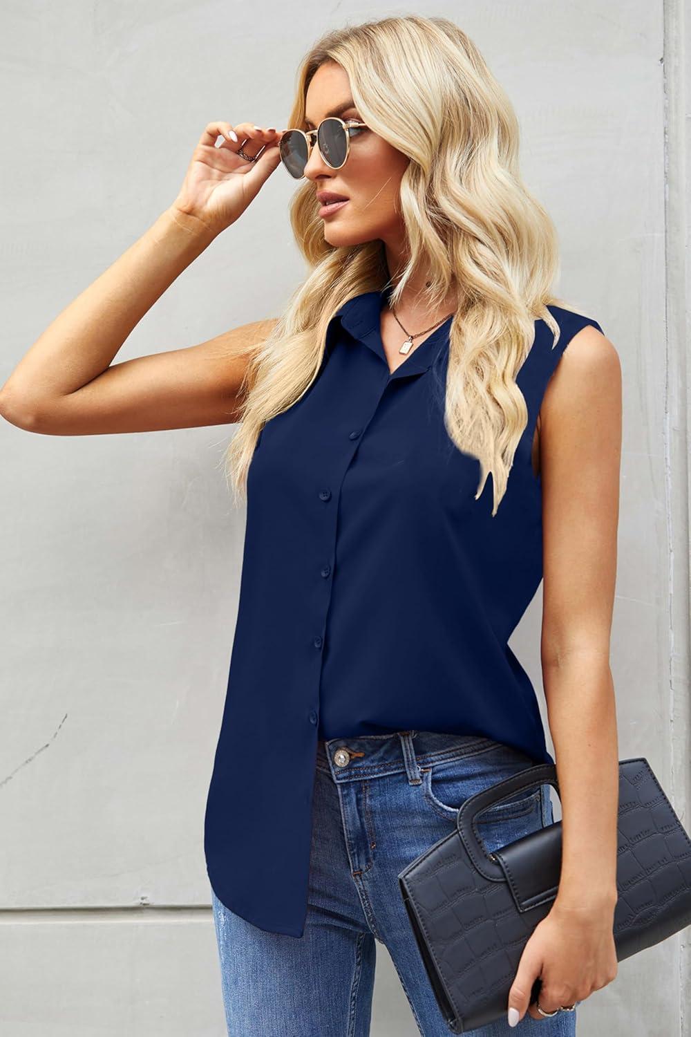imageZeagoo Womens Sleeveless Button Down Shirts Blouses Casual Loose V Neck Tank Tops for Work SXXLDark Blue