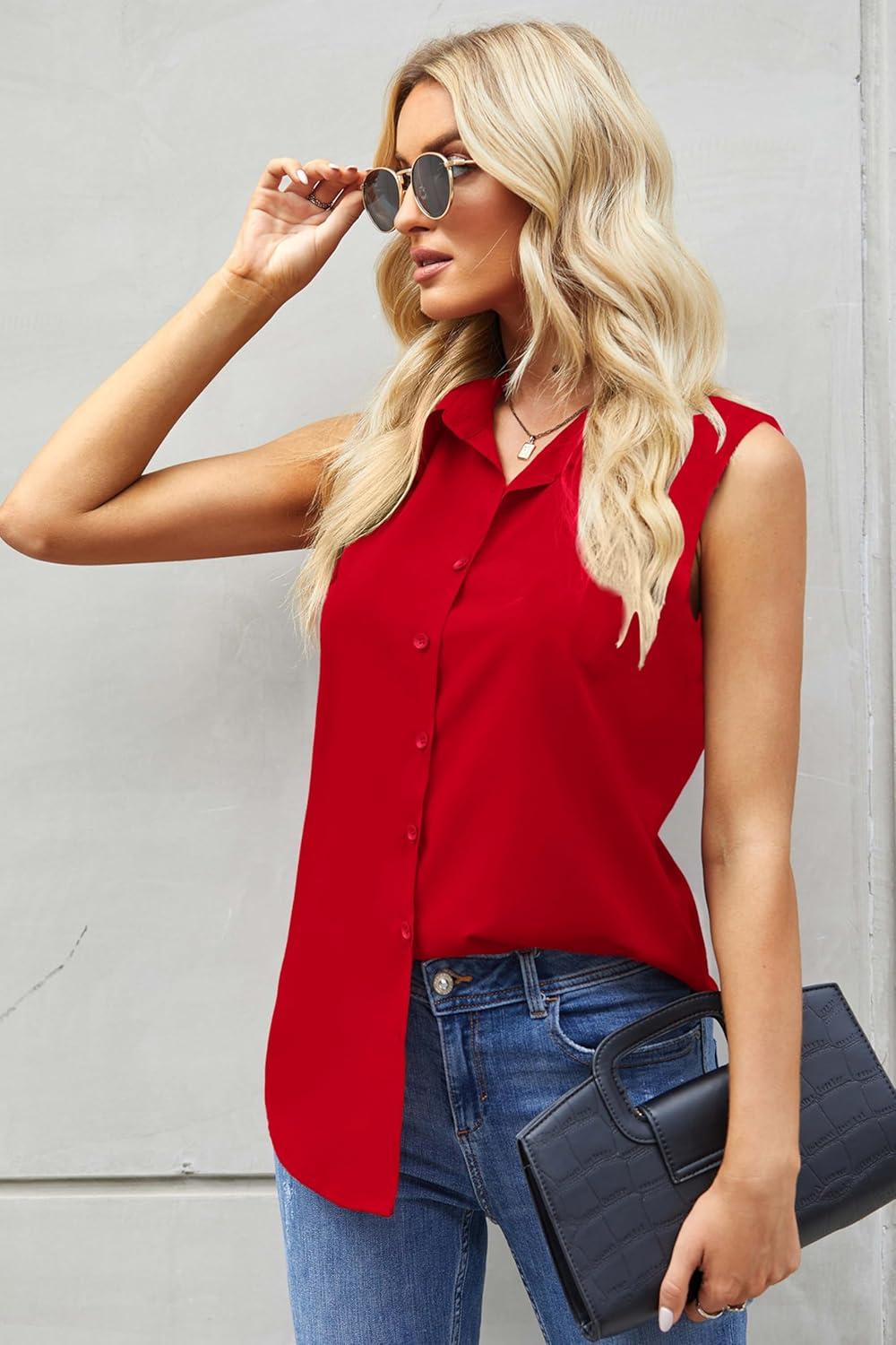 imageZeagoo Womens Sleeveless Button Down Shirts Blouses Casual Loose V Neck Tank Tops for Work SXXLRed