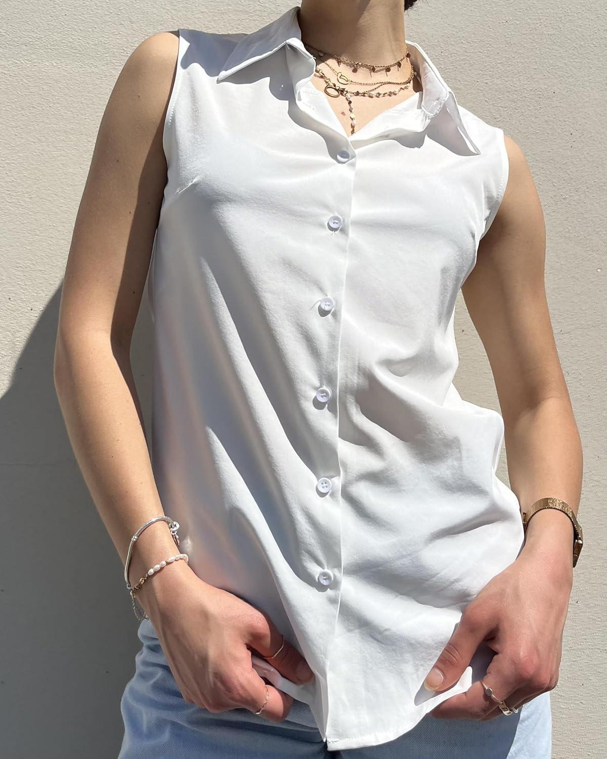 imageZeagoo Womens Sleeveless Button Down Shirts Blouses Casual Loose V Neck Tank Tops for Work SXXLWhite