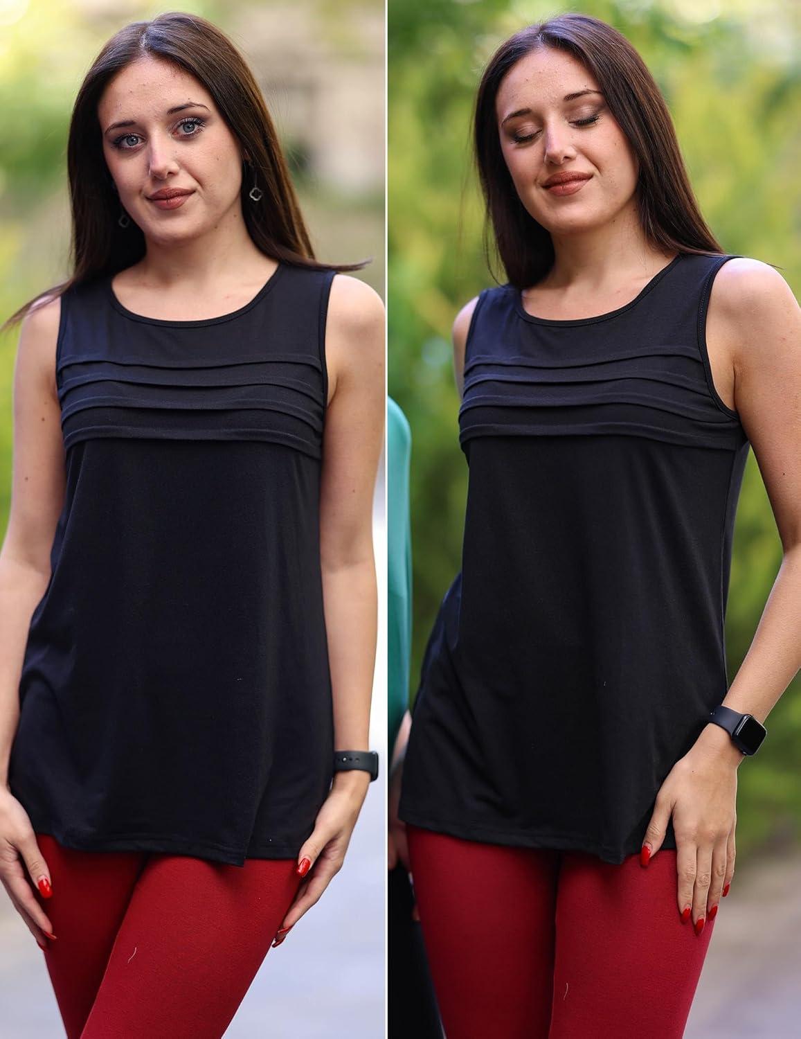 imageZeagoo Womens Summer Tank Tops Sleeveless Loose Fit Tunic Blouses Dressy Casual Pleated Front Scoop Neck Boho ShirtsBlack