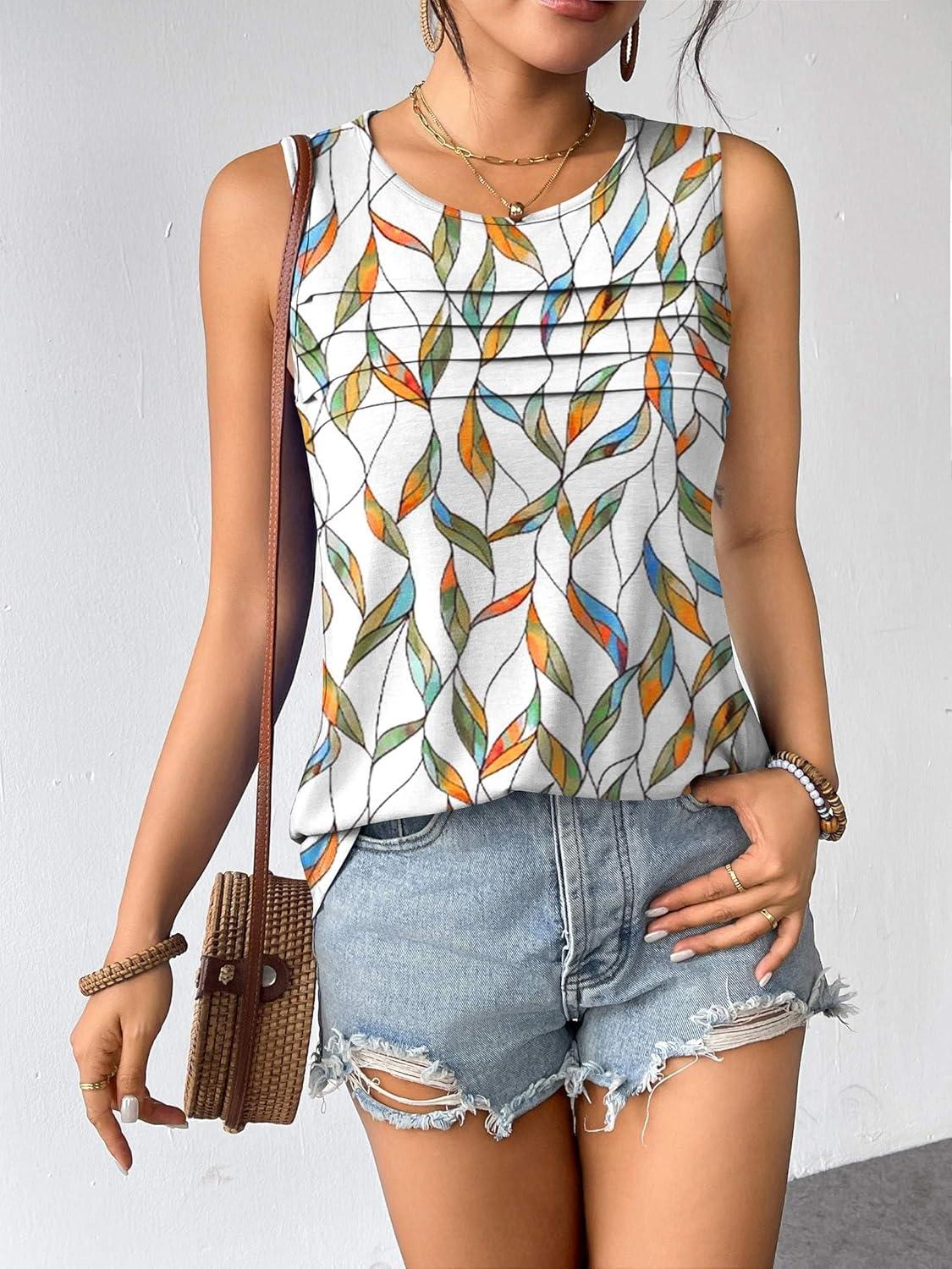 imageZeagoo Womens Summer Tank Tops Sleeveless Loose Fit Tunic Blouses Dressy Casual Pleated Front Scoop Neck Boho ShirtsColor Leaf