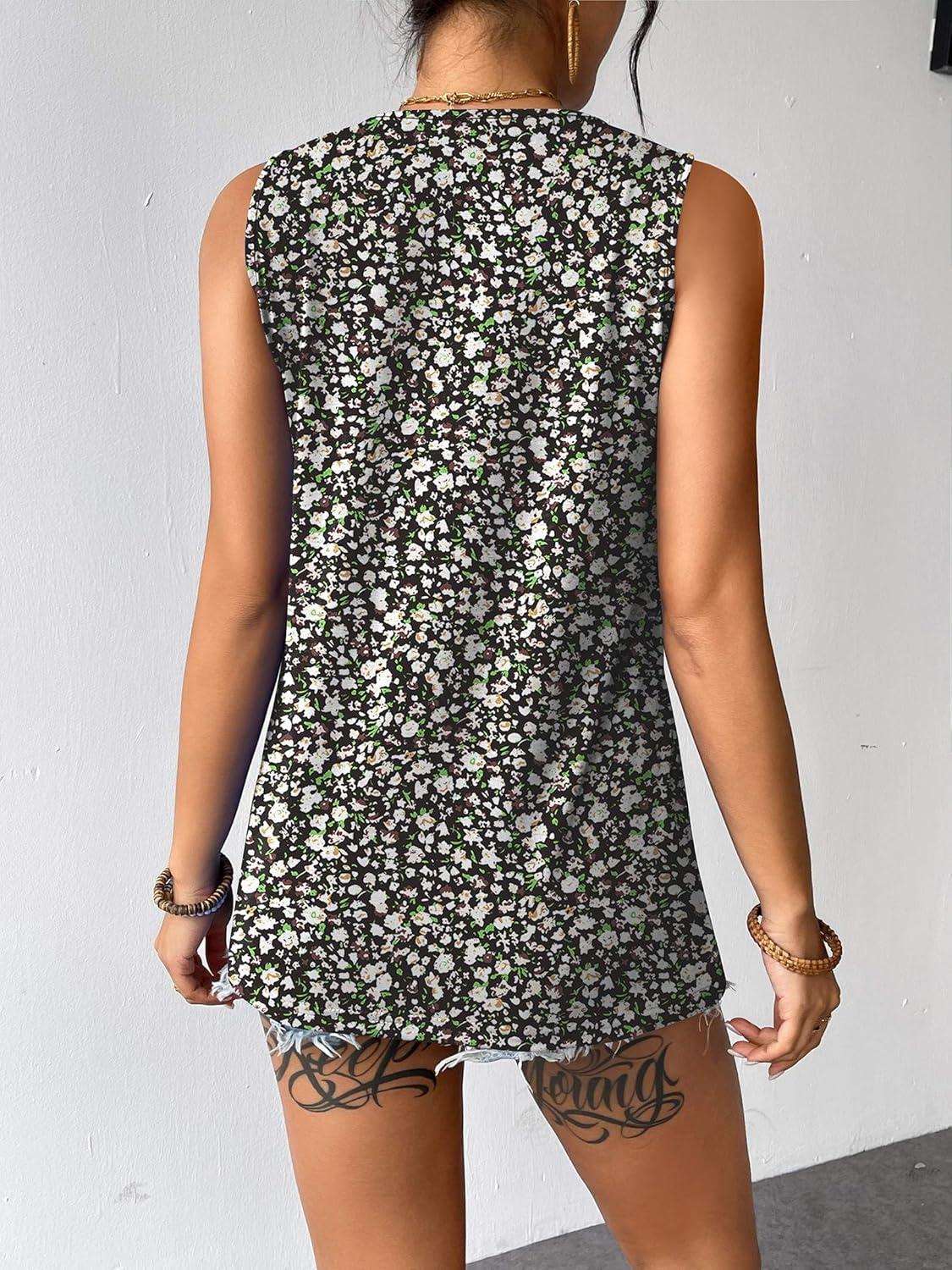 imageZeagoo Womens Summer Tank Tops Sleeveless Loose Fit Tunic Blouses Dressy Casual Pleated Front Scoop Neck Boho ShirtsFloral Black