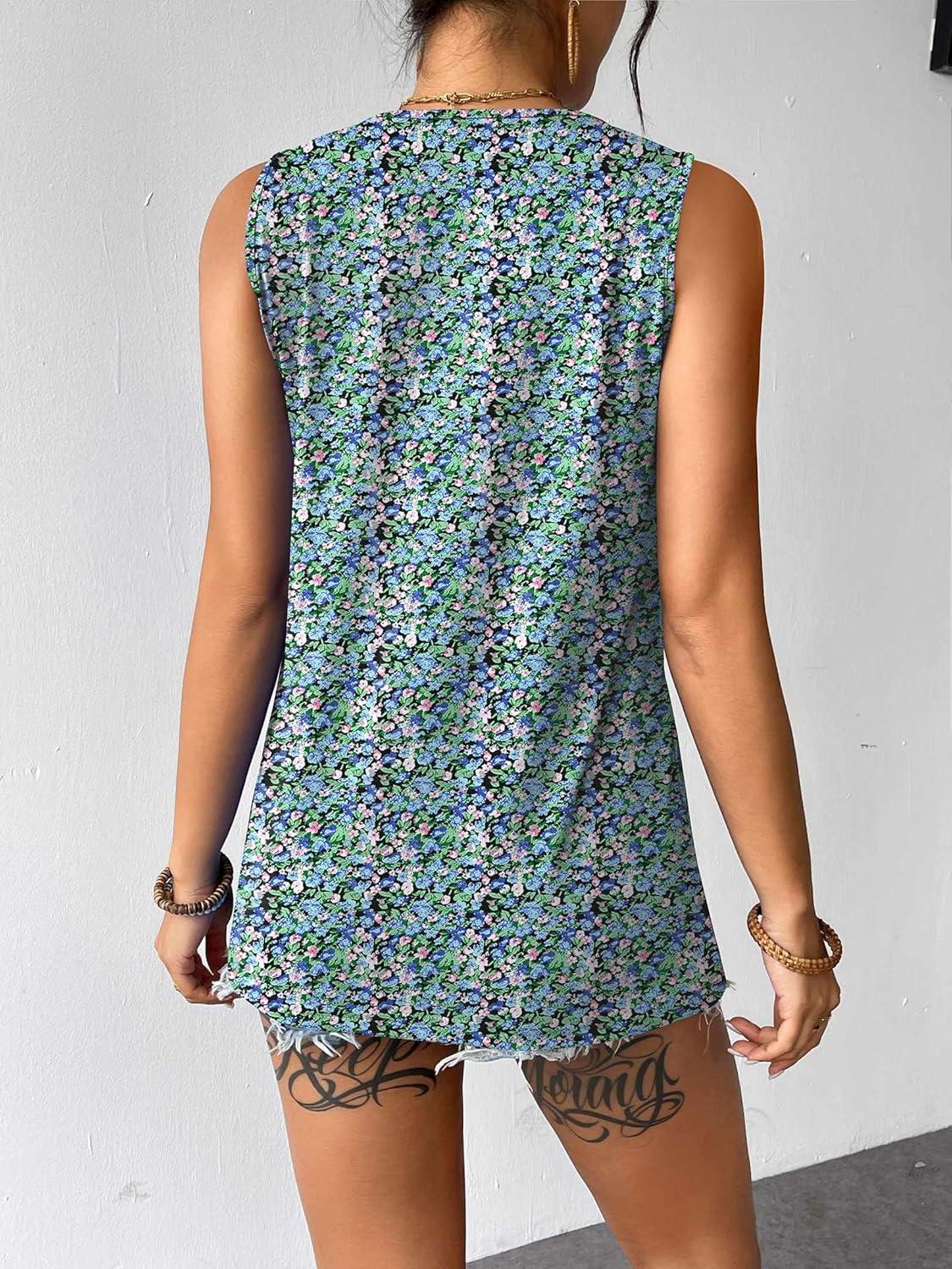 imageZeagoo Womens Summer Tank Tops Sleeveless Loose Fit Tunic Blouses Dressy Casual Pleated Front Scoop Neck Boho ShirtsFloral Blue