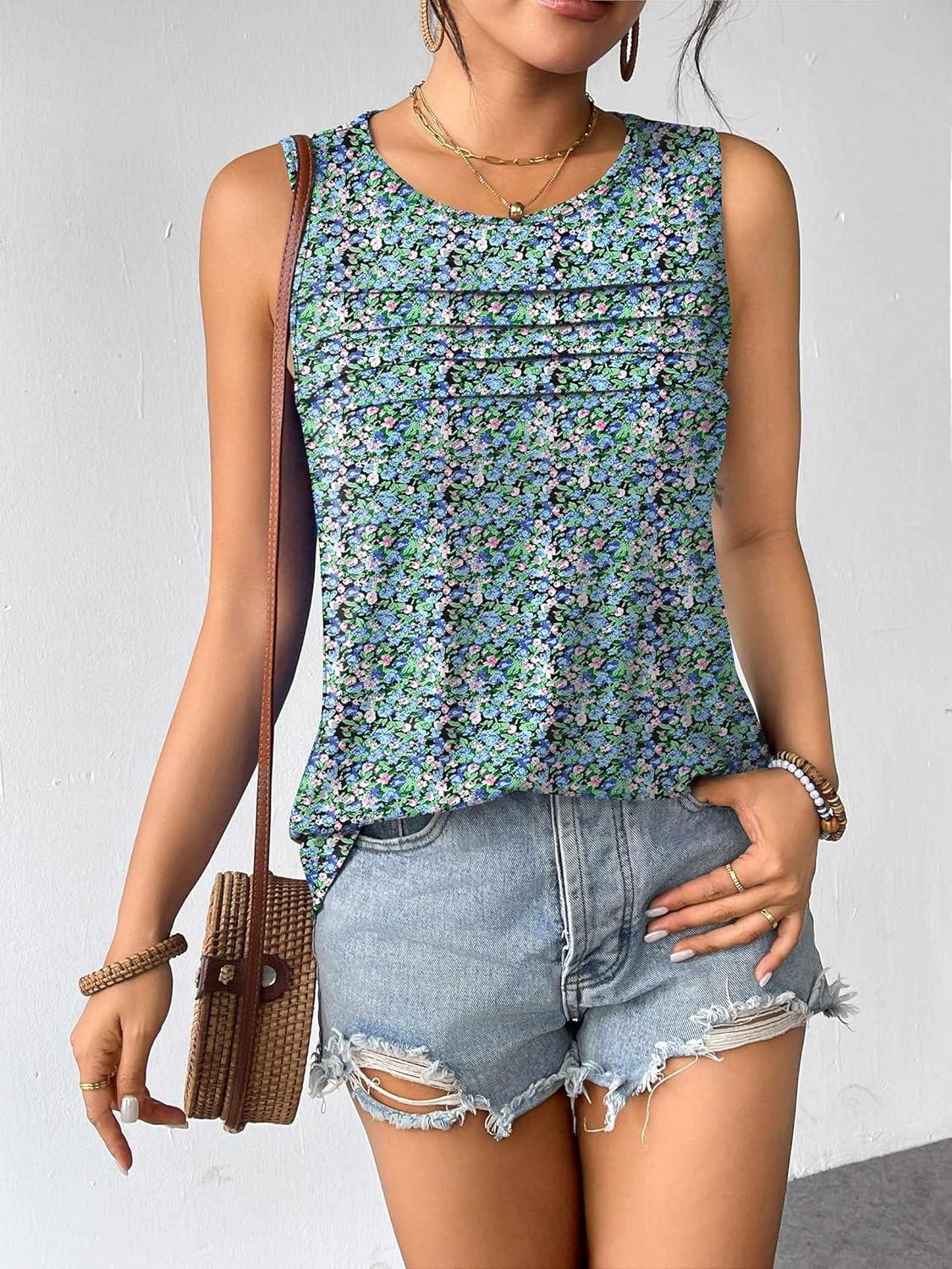 imageZeagoo Womens Summer Tank Tops Sleeveless Loose Fit Tunic Blouses Dressy Casual Pleated Front Scoop Neck Boho ShirtsFloral Blue