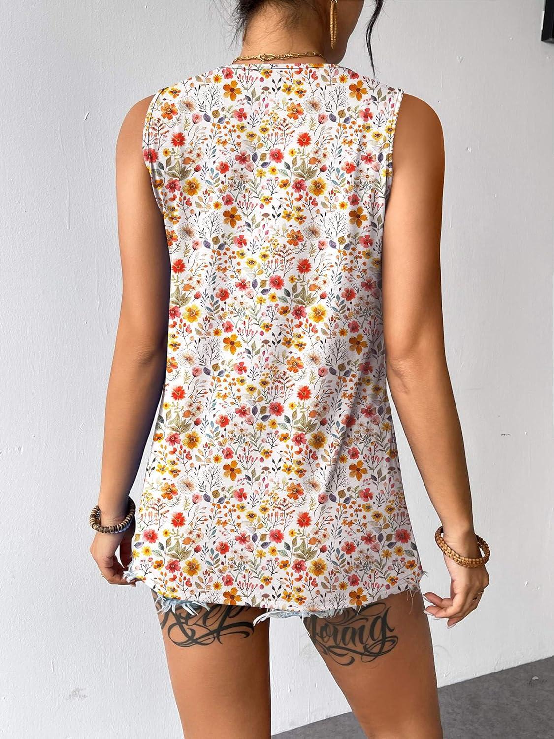 imageZeagoo Womens Summer Tank Tops Sleeveless Loose Fit Tunic Blouses Dressy Casual Pleated Front Scoop Neck Boho ShirtsFloral Red