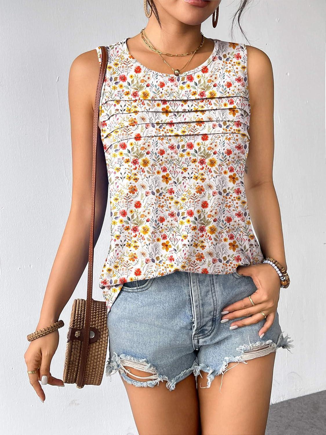 imageZeagoo Womens Summer Tank Tops Sleeveless Loose Fit Tunic Blouses Dressy Casual Pleated Front Scoop Neck Boho ShirtsFloral Red