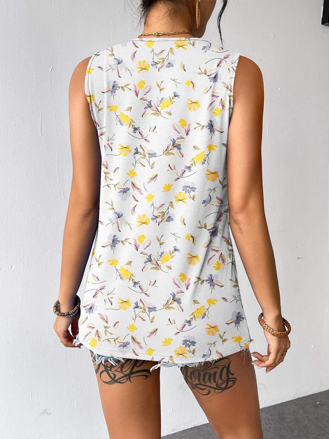 imageZeagoo Womens Summer Tank Tops Sleeveless Loose Fit Tunic Blouses Dressy Casual Pleated Front Scoop Neck Boho ShirtsFloral White