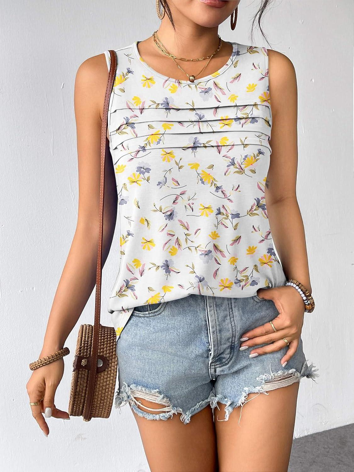 imageZeagoo Womens Summer Tank Tops Sleeveless Loose Fit Tunic Blouses Dressy Casual Pleated Front Scoop Neck Boho ShirtsFloral White