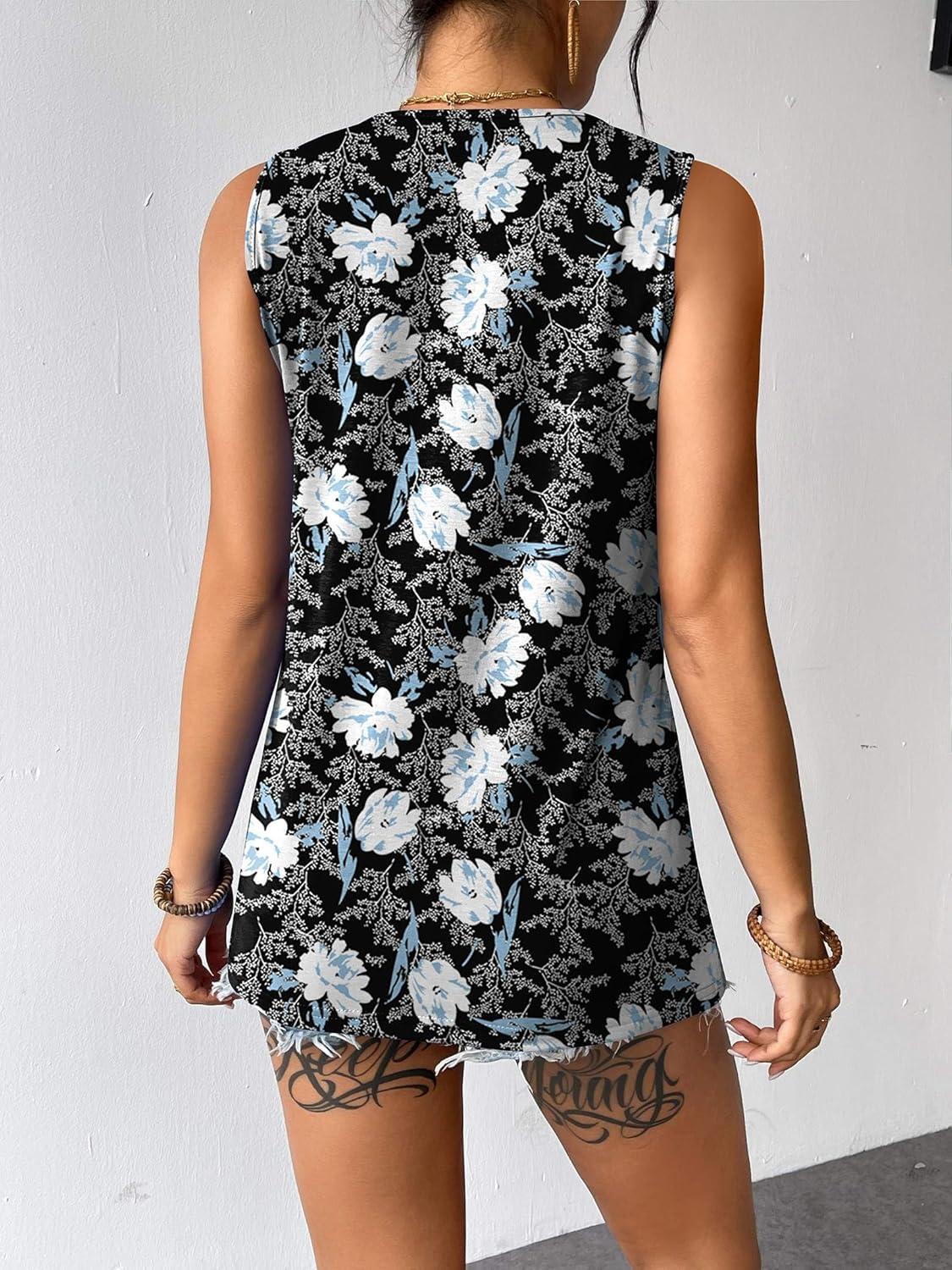 imageZeagoo Womens Summer Tank Tops Sleeveless Loose Fit Tunic Blouses Dressy Casual Pleated Front Scoop Neck Boho ShirtsFlower Black