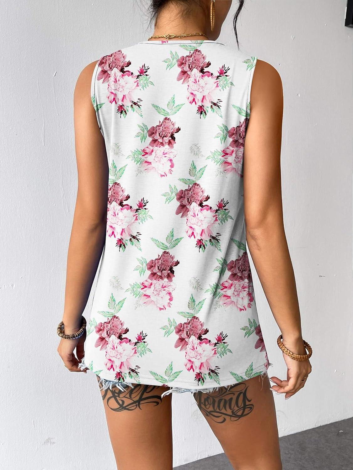 imageZeagoo Womens Summer Tank Tops Sleeveless Loose Fit Tunic Blouses Dressy Casual Pleated Front Scoop Neck Boho ShirtsFlower White