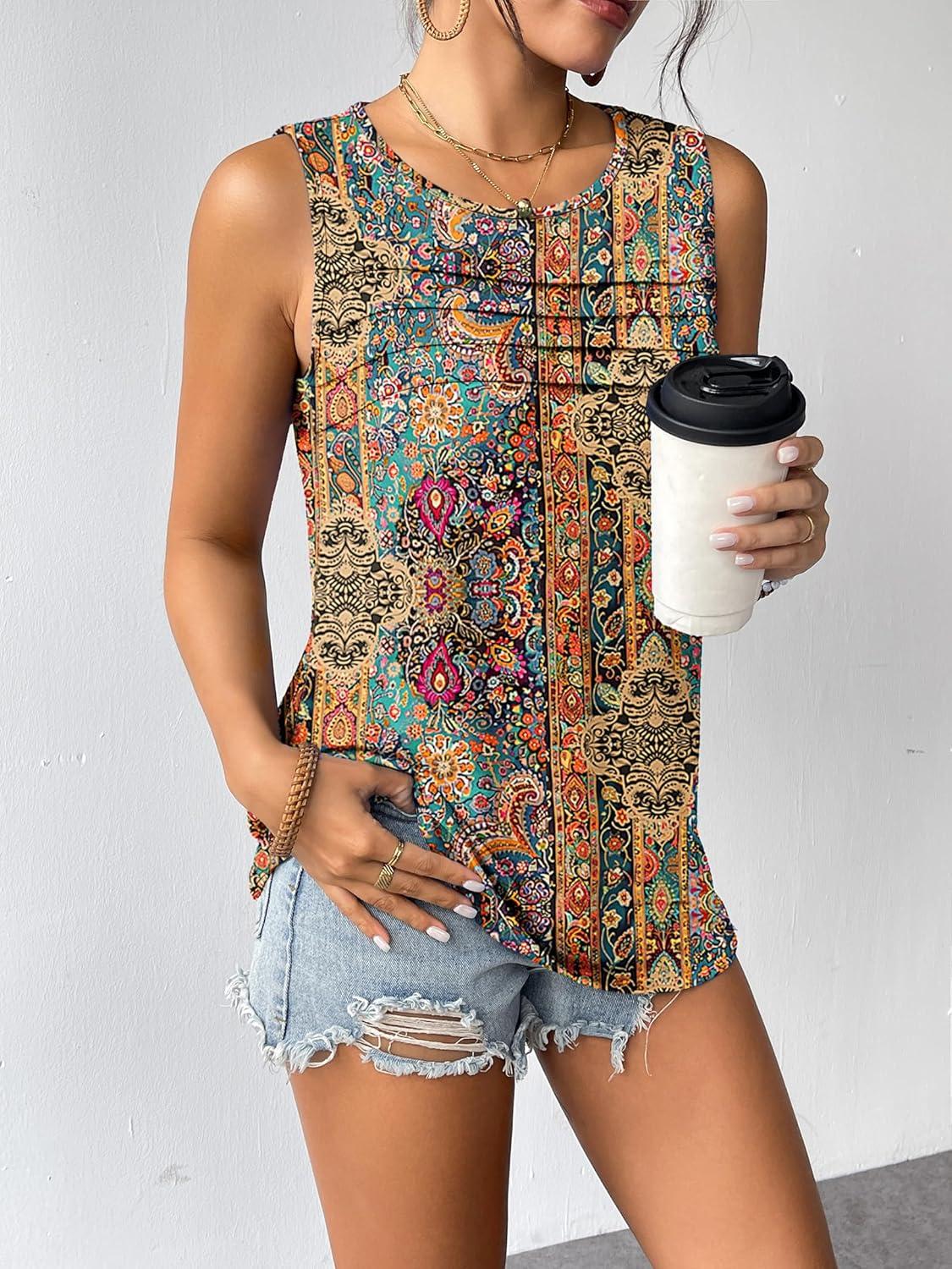 imageZeagoo Womens Summer Tank Tops Sleeveless Loose Fit Tunic Blouses Dressy Casual Pleated Front Scoop Neck Boho ShirtsMz721