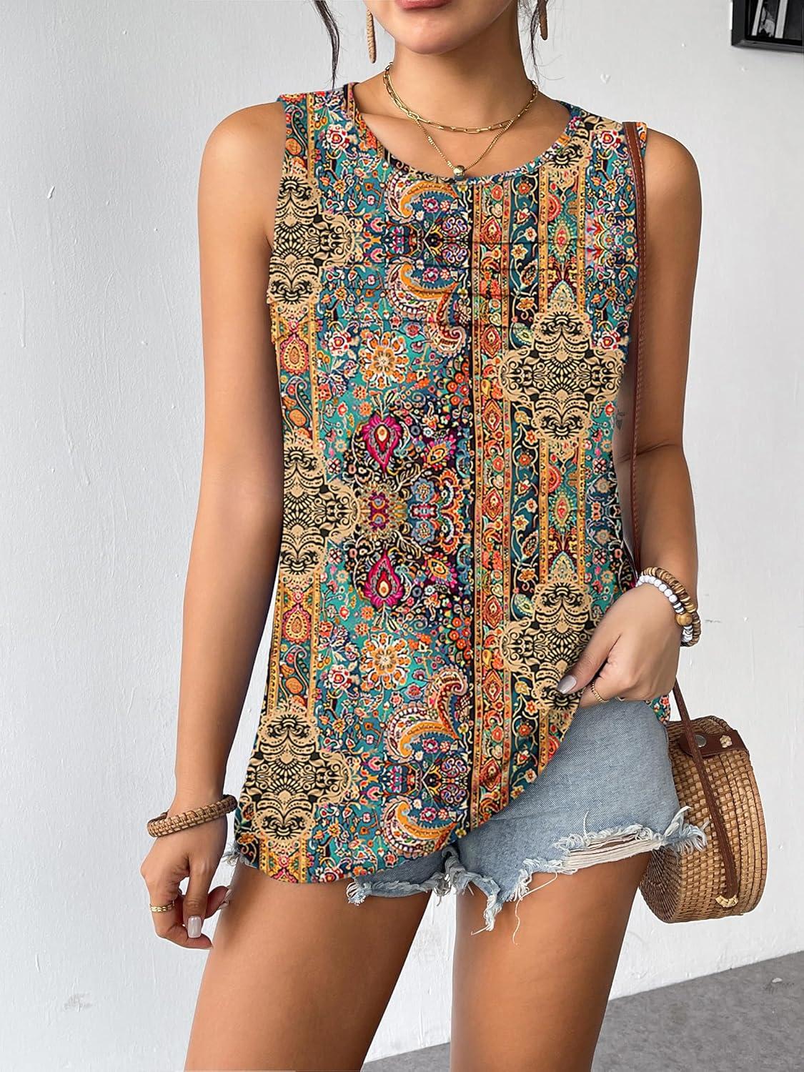 imageZeagoo Womens Summer Tank Tops Sleeveless Loose Fit Tunic Blouses Dressy Casual Pleated Front Scoop Neck Boho ShirtsMz721