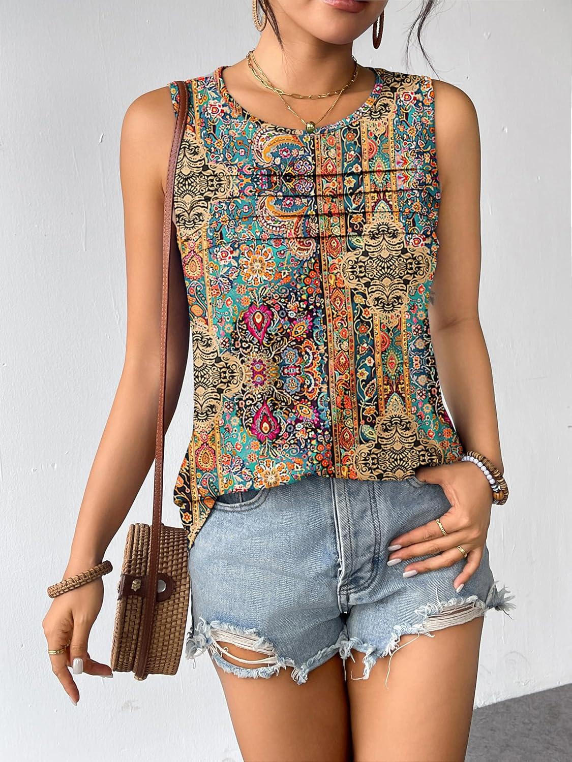 imageZeagoo Womens Summer Tank Tops Sleeveless Loose Fit Tunic Blouses Dressy Casual Pleated Front Scoop Neck Boho ShirtsMz721