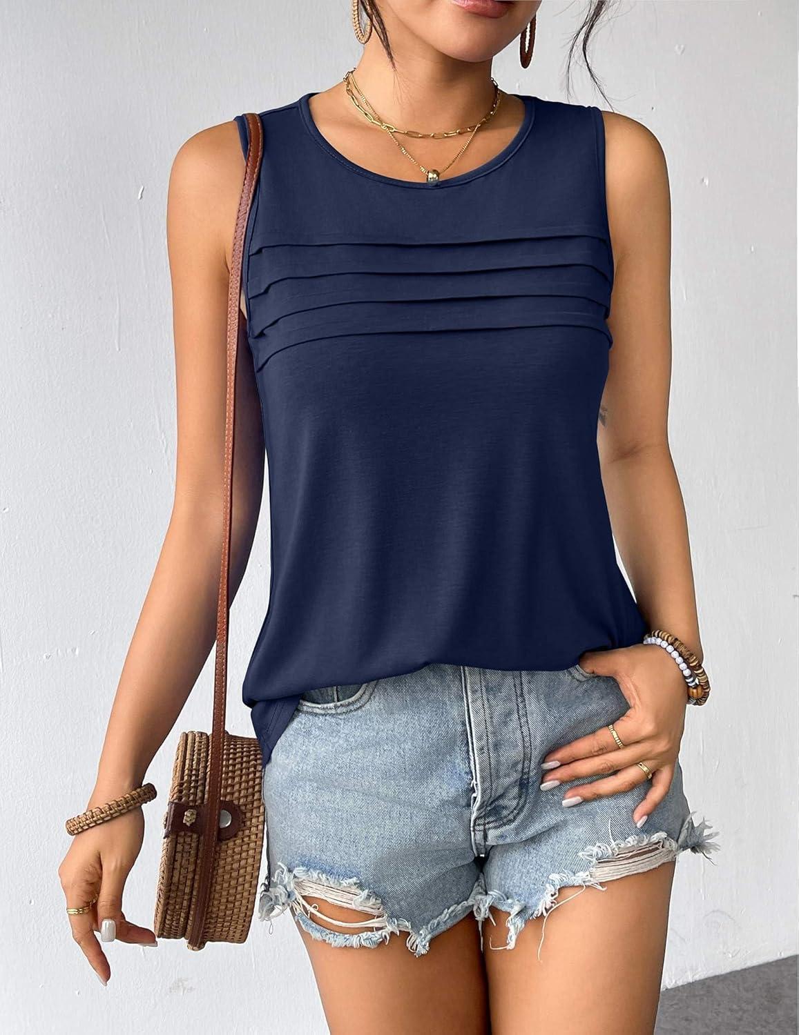 imageZeagoo Womens Summer Tank Tops Sleeveless Loose Fit Tunic Blouses Dressy Casual Pleated Front Scoop Neck Boho ShirtsNavy Blue