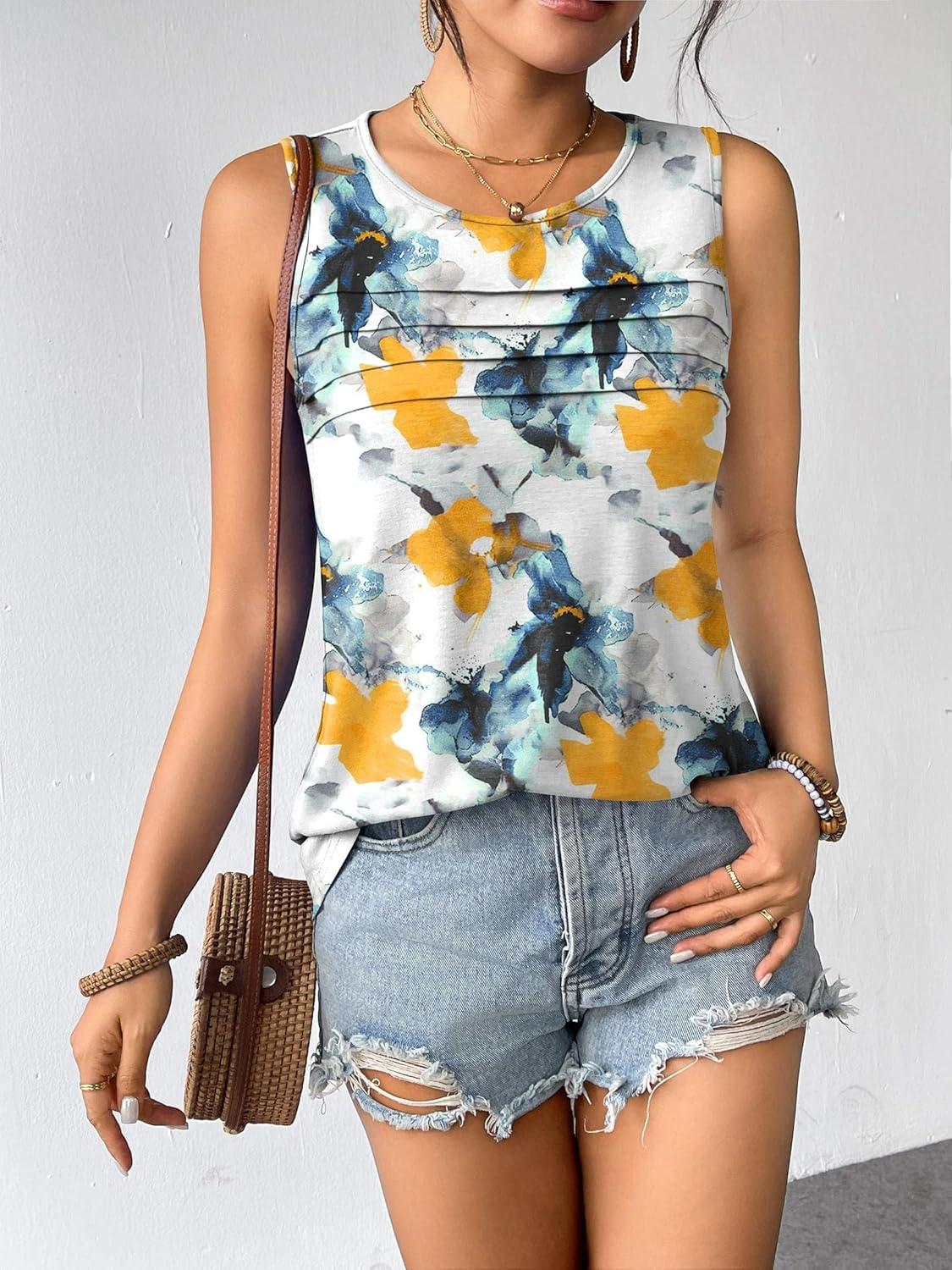imageZeagoo Womens Summer Tank Tops Sleeveless Loose Fit Tunic Blouses Dressy Casual Pleated Front Scoop Neck Boho ShirtsTie Dye Flower