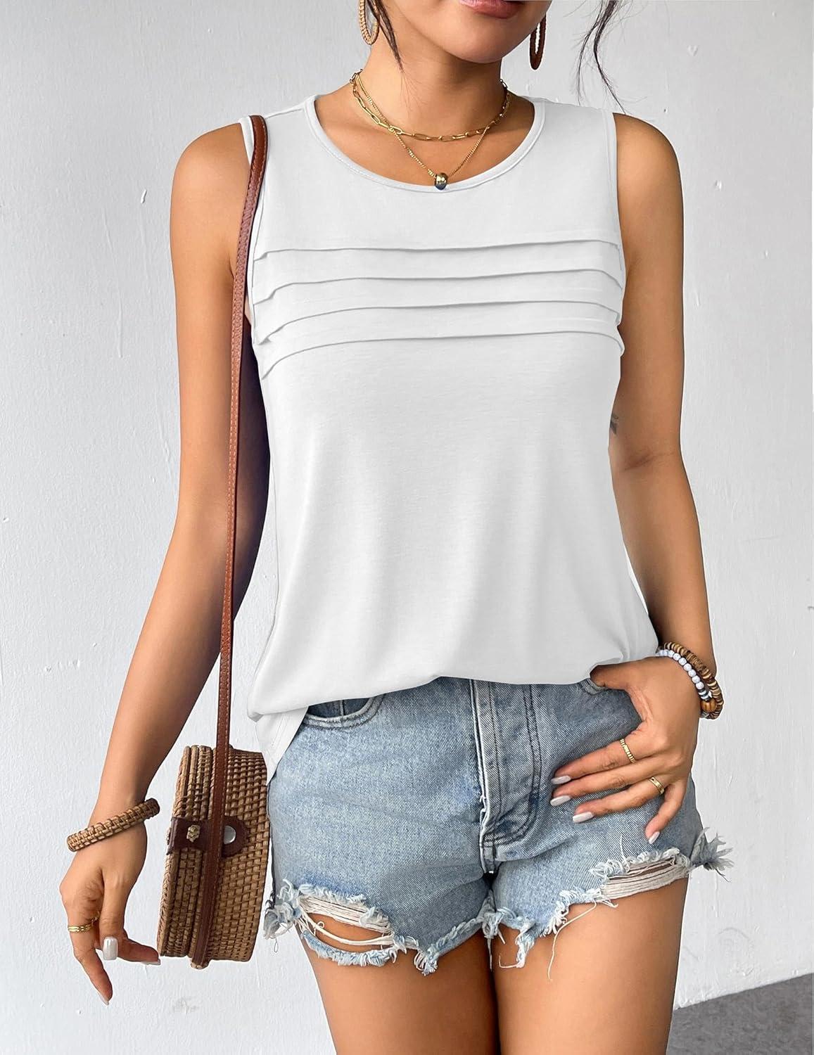 imageZeagoo Womens Summer Tank Tops Sleeveless Loose Fit Tunic Blouses Dressy Casual Pleated Front Scoop Neck Boho ShirtsWhite