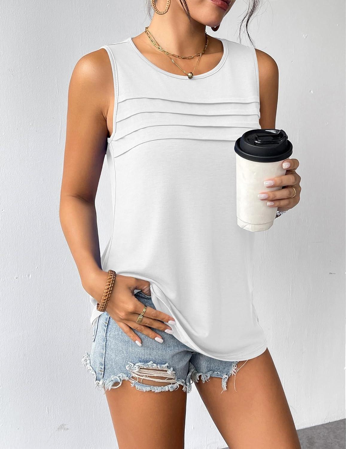 imageZeagoo Womens Summer Tank Tops Sleeveless Loose Fit Tunic Blouses Dressy Casual Pleated Front Scoop Neck Boho ShirtsWhite