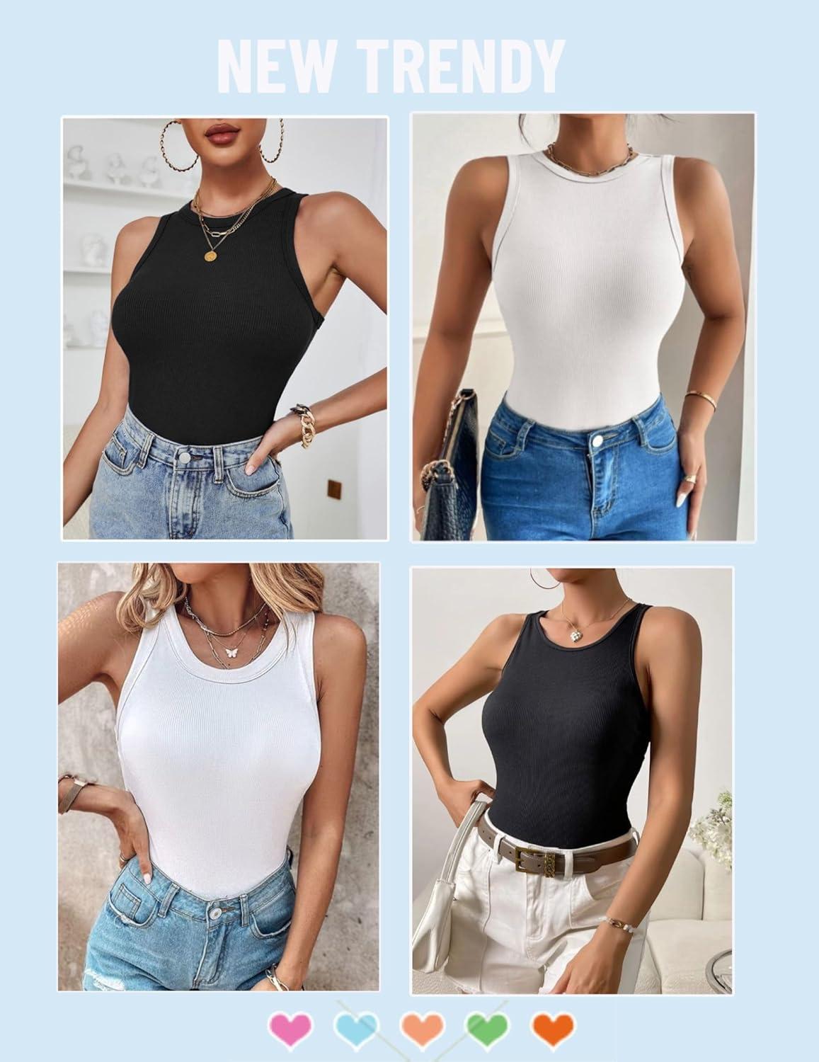 imageZeagoo Womens Tank Top Racerback Crowl Neck Casual Basic Ribbed Knit Fitted Sleeveless Shirts SXXLAll Blackall White