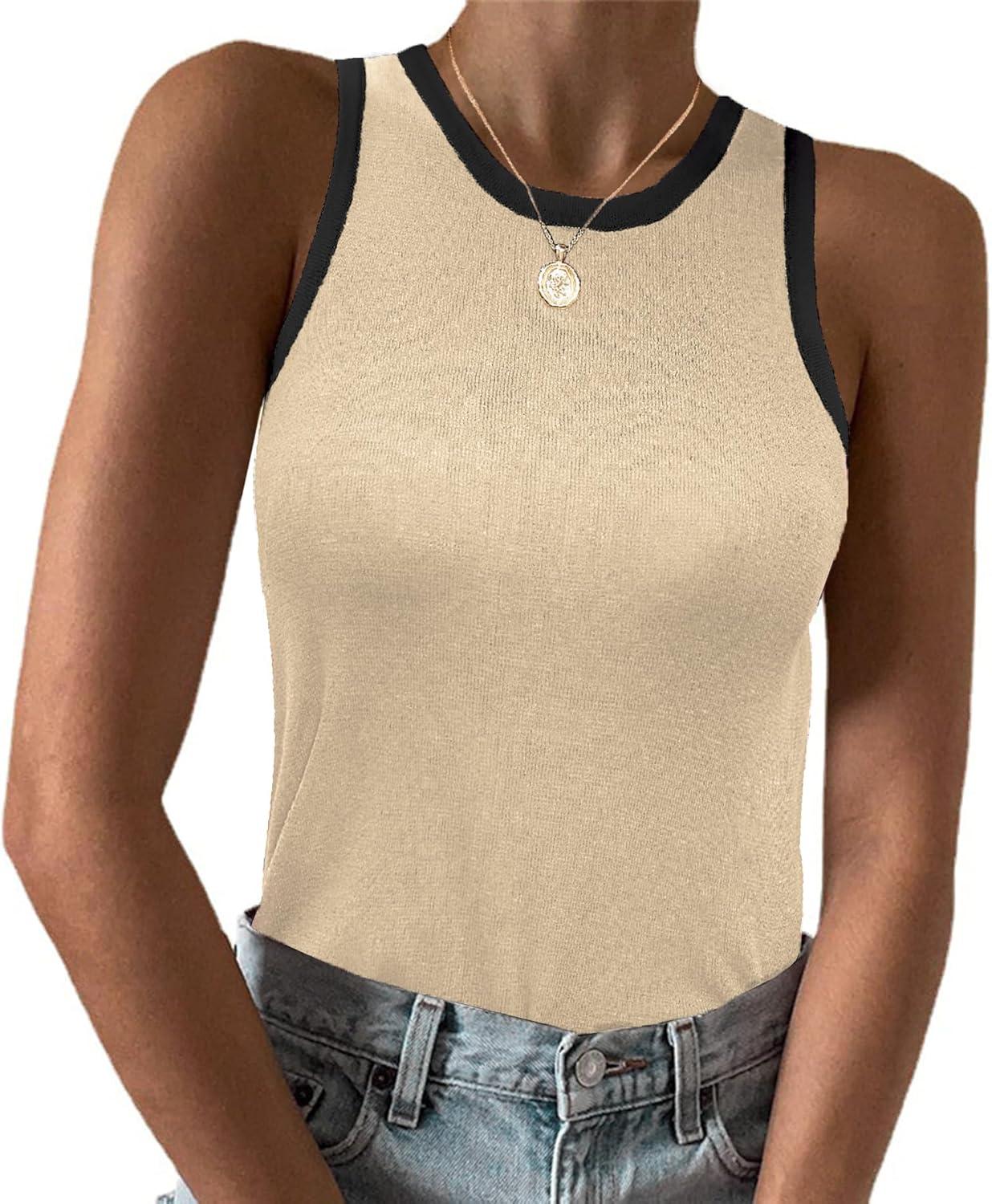 imageZeagoo Womens Tank Top Racerback Crowl Neck Casual Basic Ribbed Knit Fitted Sleeveless Shirts SXXLBeige