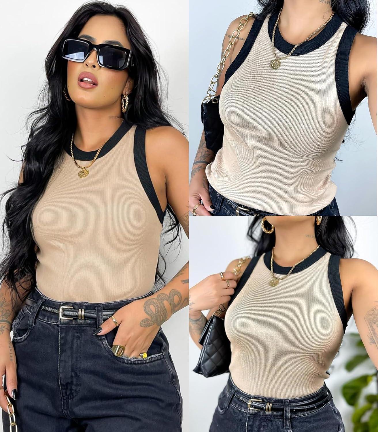 imageZeagoo Womens Tank Top Racerback Crowl Neck Casual Basic Ribbed Knit Fitted Sleeveless Shirts SXXLBeige