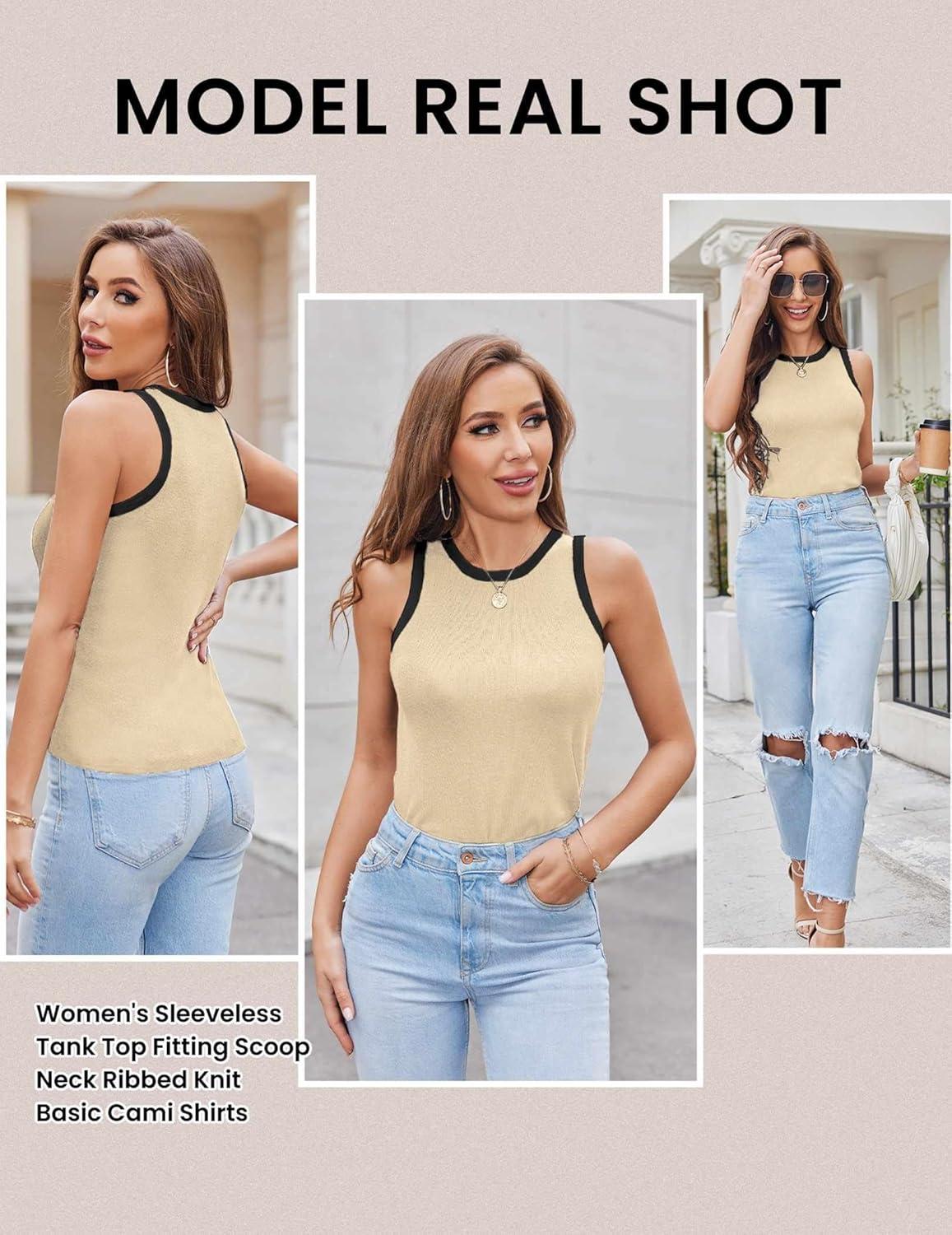 imageZeagoo Womens Tank Top Racerback Crowl Neck Casual Basic Ribbed Knit Fitted Sleeveless Shirts SXXLBeige