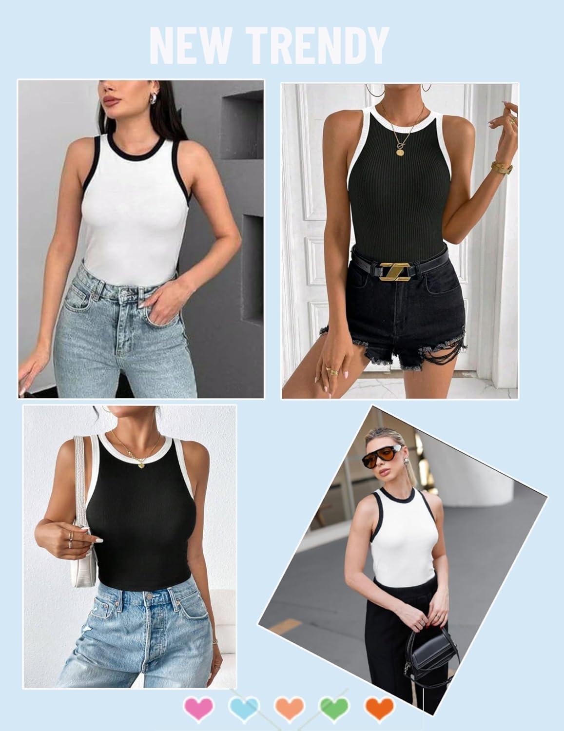 imageZeagoo Womens Tank Top Racerback Crowl Neck Casual Basic Ribbed Knit Fitted Sleeveless Shirts SXXLBlack White White Black