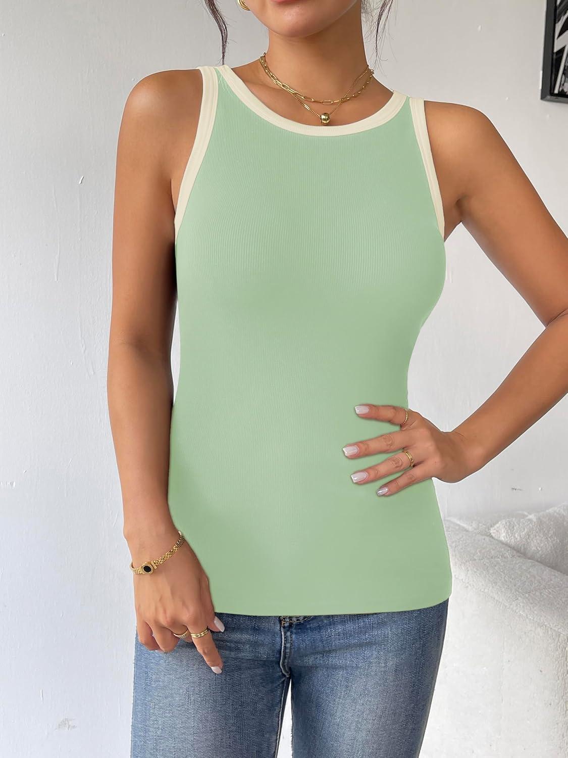 imageZeagoo Womens Tank Top Racerback Crowl Neck Casual Basic Ribbed Knit Fitted Sleeveless Shirts SXXLBlack Whitegreen