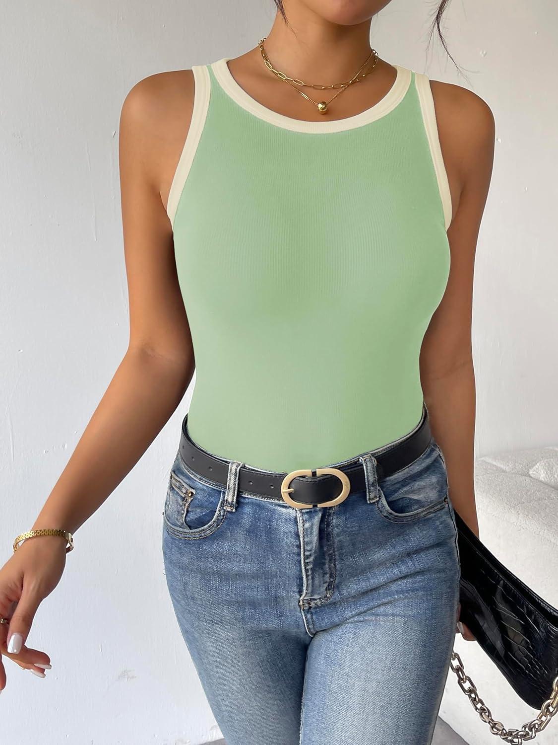 imageZeagoo Womens Tank Top Racerback Crowl Neck Casual Basic Ribbed Knit Fitted Sleeveless Shirts SXXLBlack Whitegreen