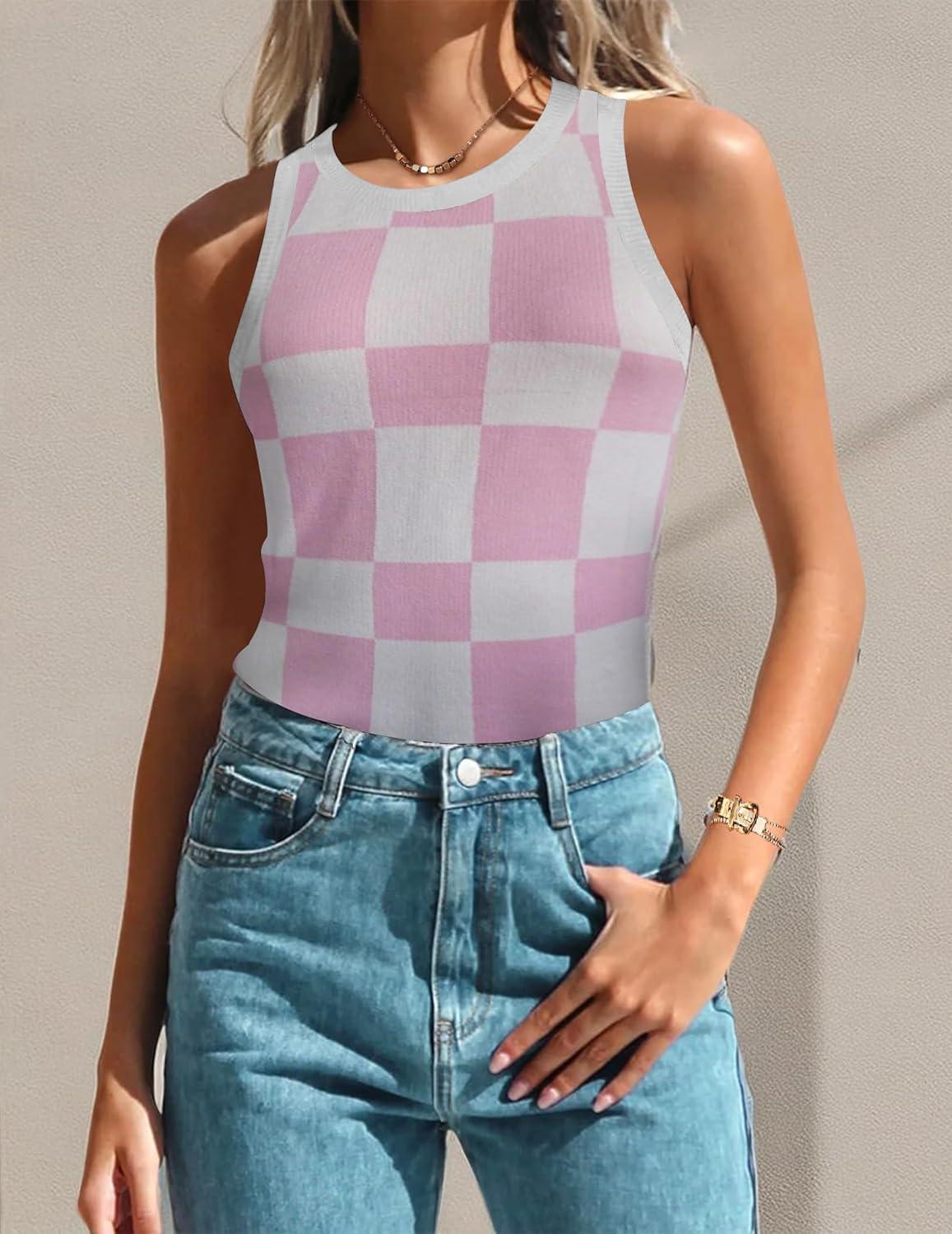 imageZeagoo Womens Tank Top Racerback Crowl Neck Casual Basic Ribbed Knit Fitted Sleeveless Shirts SXXLPlaida