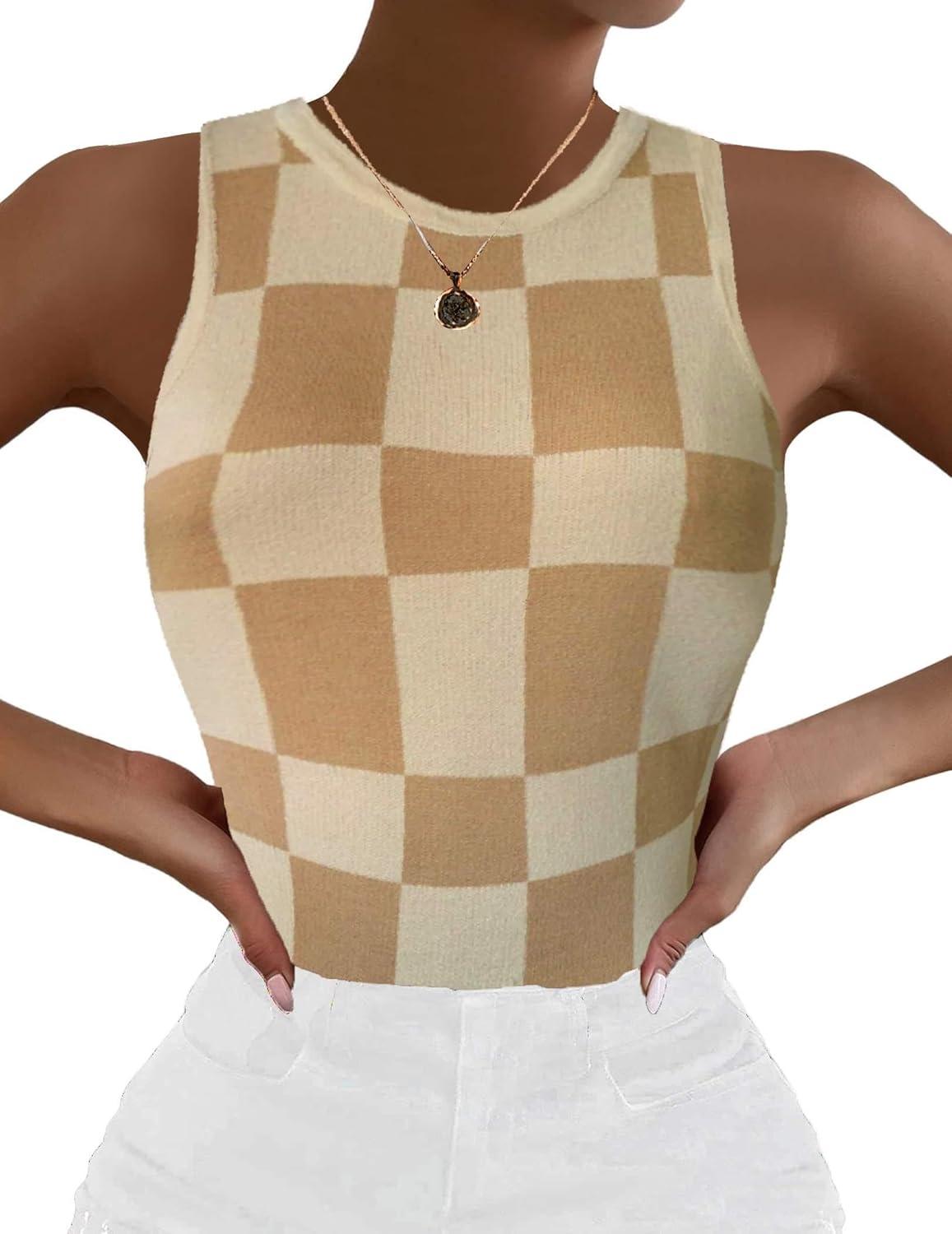imageZeagoo Womens Tank Top Racerback Crowl Neck Casual Basic Ribbed Knit Fitted Sleeveless Shirts SXXLPlaidb