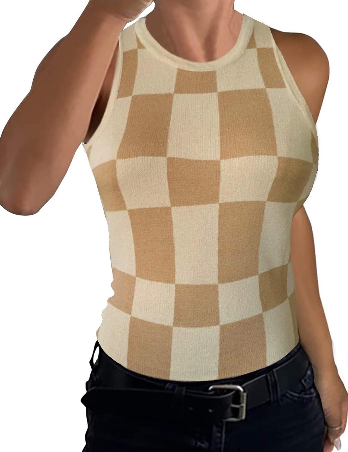 imageZeagoo Womens Tank Top Racerback Crowl Neck Casual Basic Ribbed Knit Fitted Sleeveless Shirts SXXLPlaidb