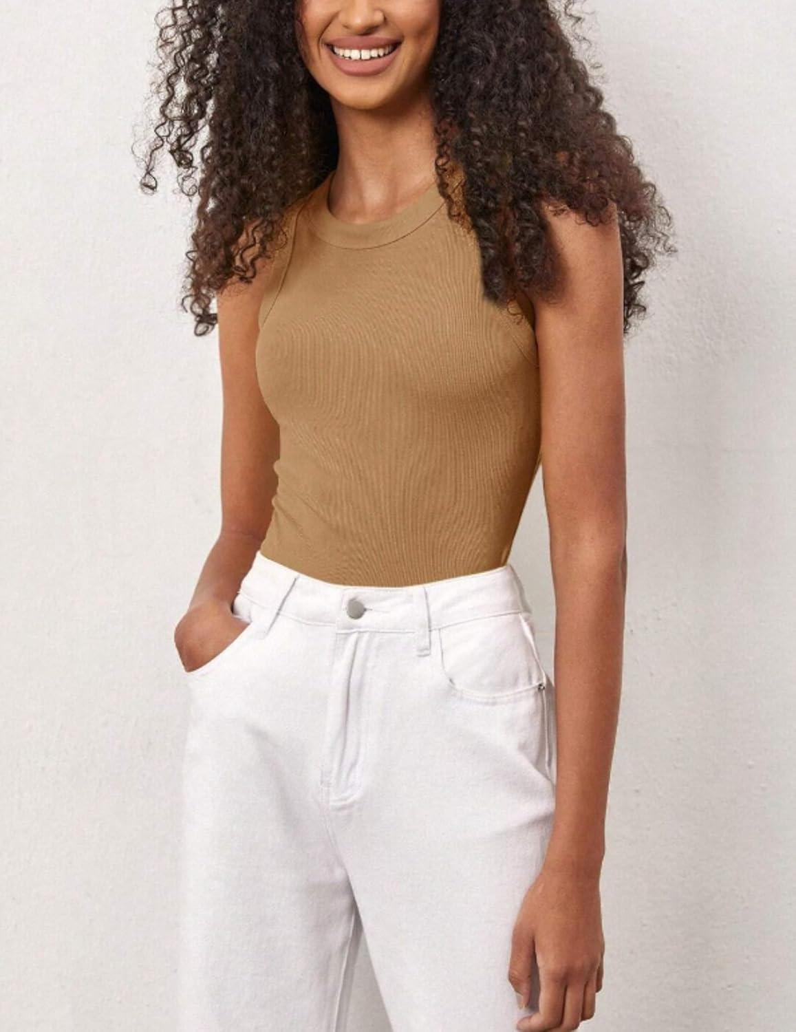 imageZeagoo Womens Tank Top Racerback Crowl Neck Casual Basic Ribbed Knit Fitted Sleeveless Shirts SXXLPure Khaki