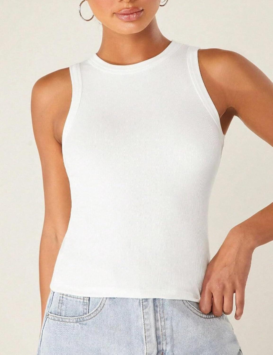 imageZeagoo Womens Tank Top Racerback Crowl Neck Casual Basic Ribbed Knit Fitted Sleeveless Shirts SXXLPure White