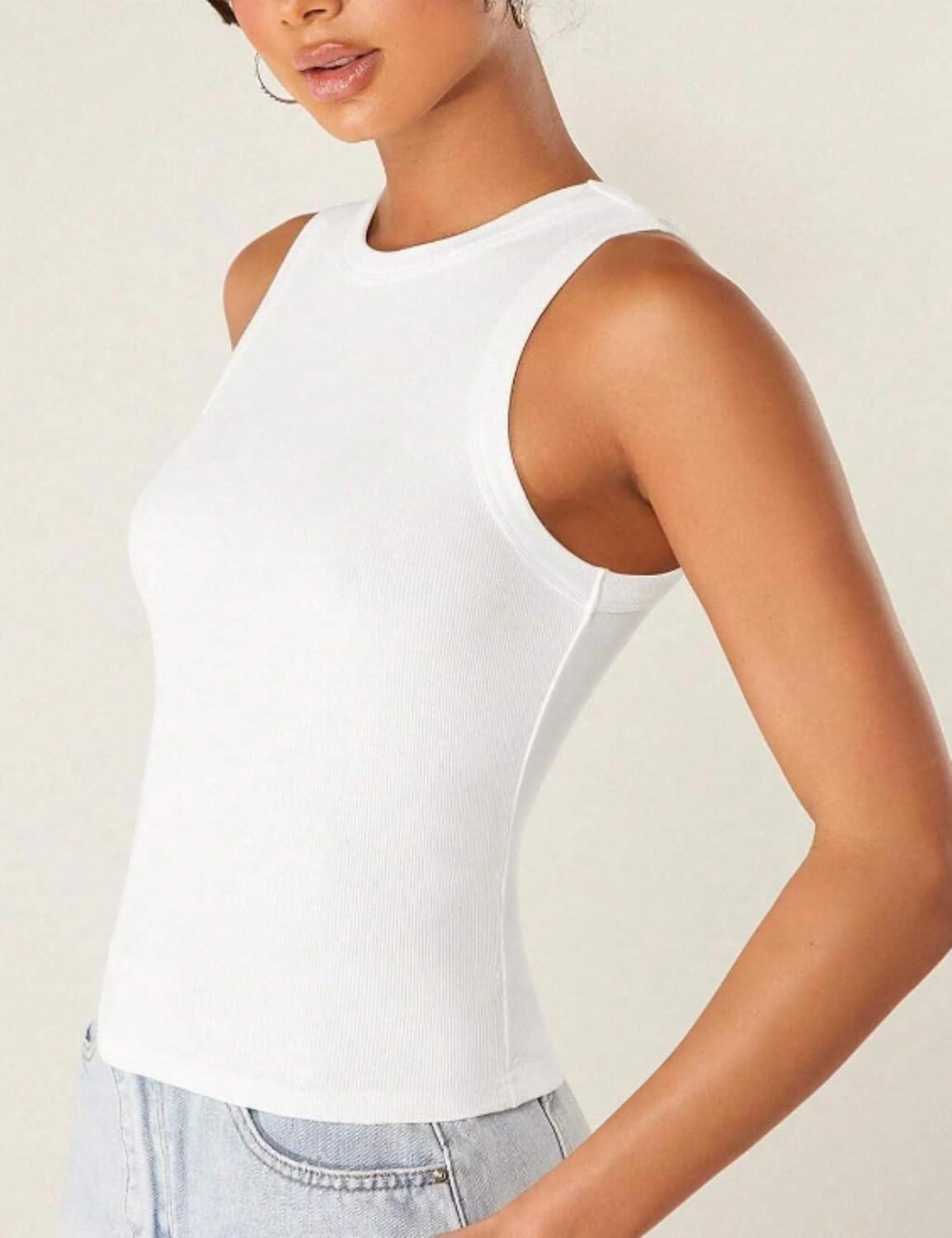 imageZeagoo Womens Tank Top Racerback Crowl Neck Casual Basic Ribbed Knit Fitted Sleeveless Shirts SXXLPure White